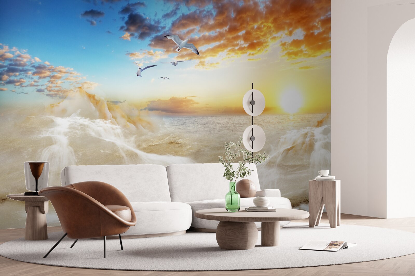 Fotobehang zonsondergang over zee met meeuwen