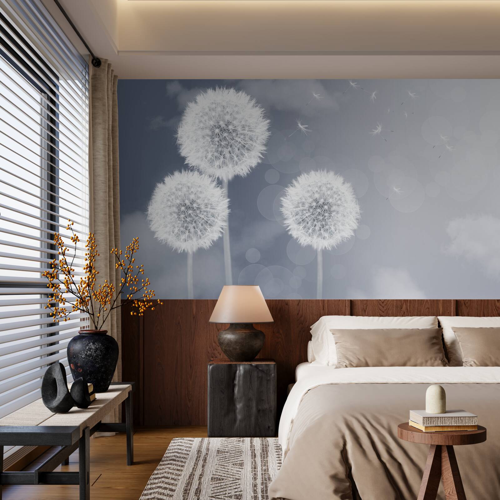 Fotobehang paardenbloem zwevend in de lucht