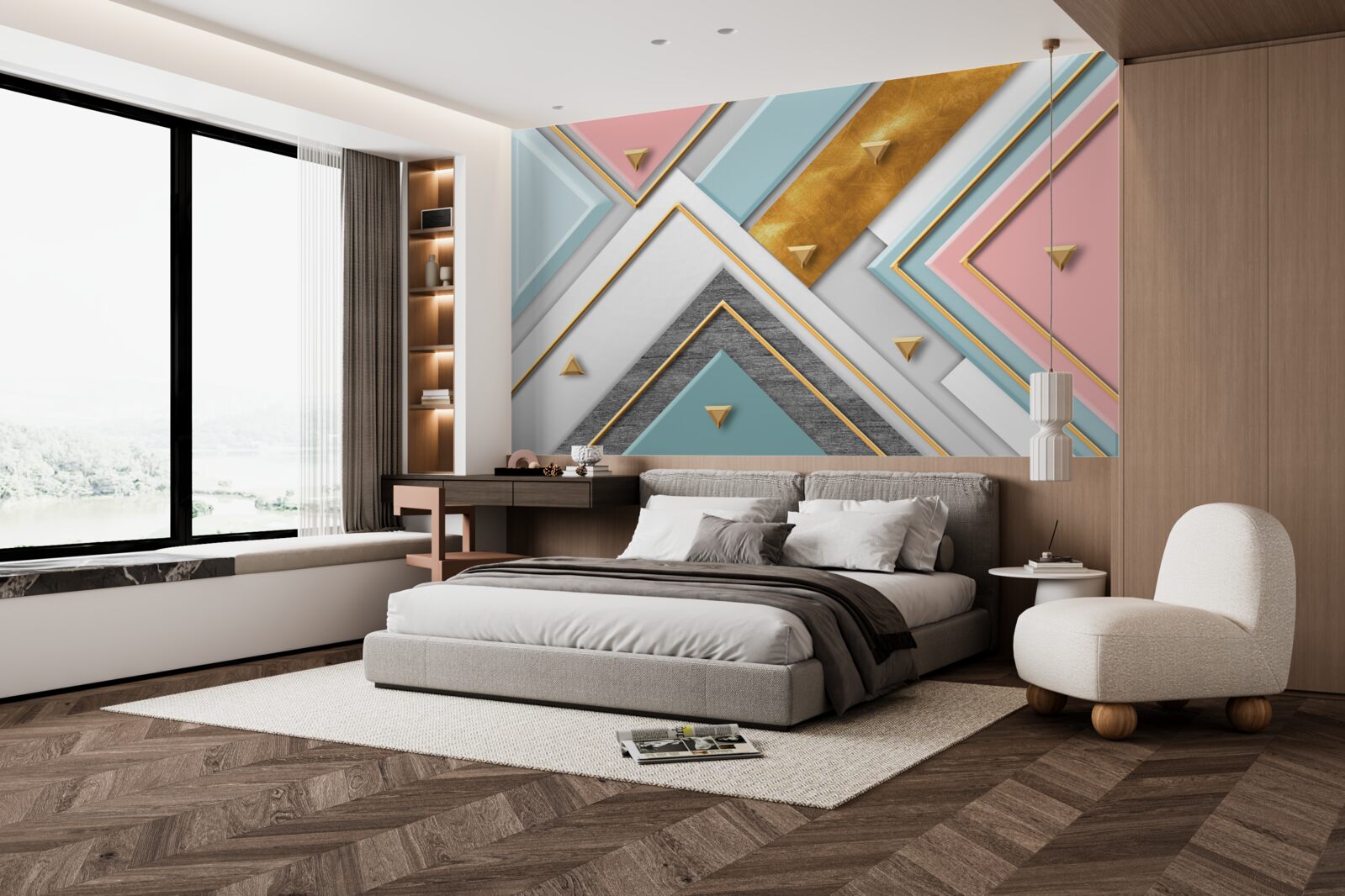 Fotobehang delicaat roze mozaïek versierd met goud