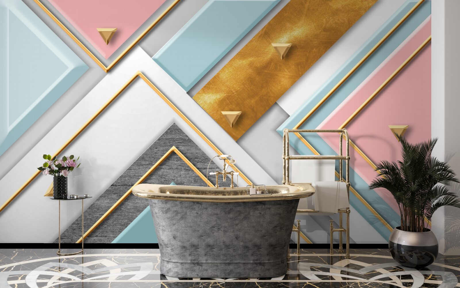 Fotobehang delicaat roze mozaïek versierd met goud