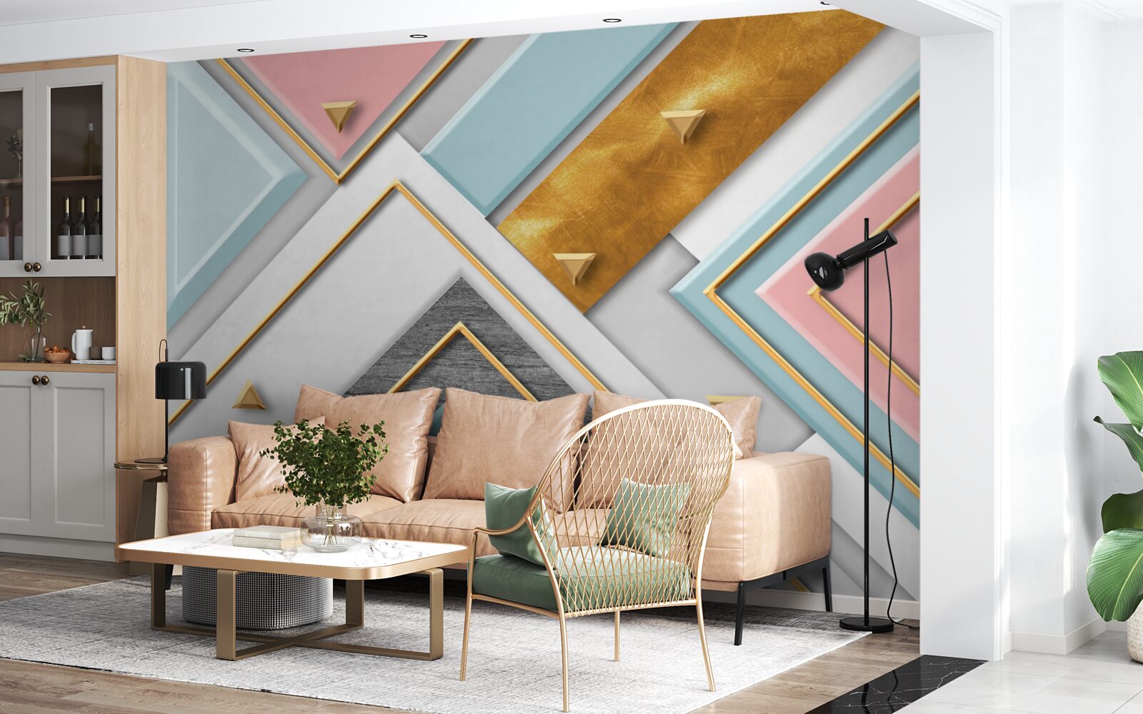 Fotobehang delicaat roze mozaïek versierd met goud