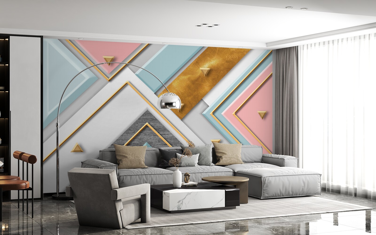 Fotobehang delicaat roze mozaïek versierd met goud