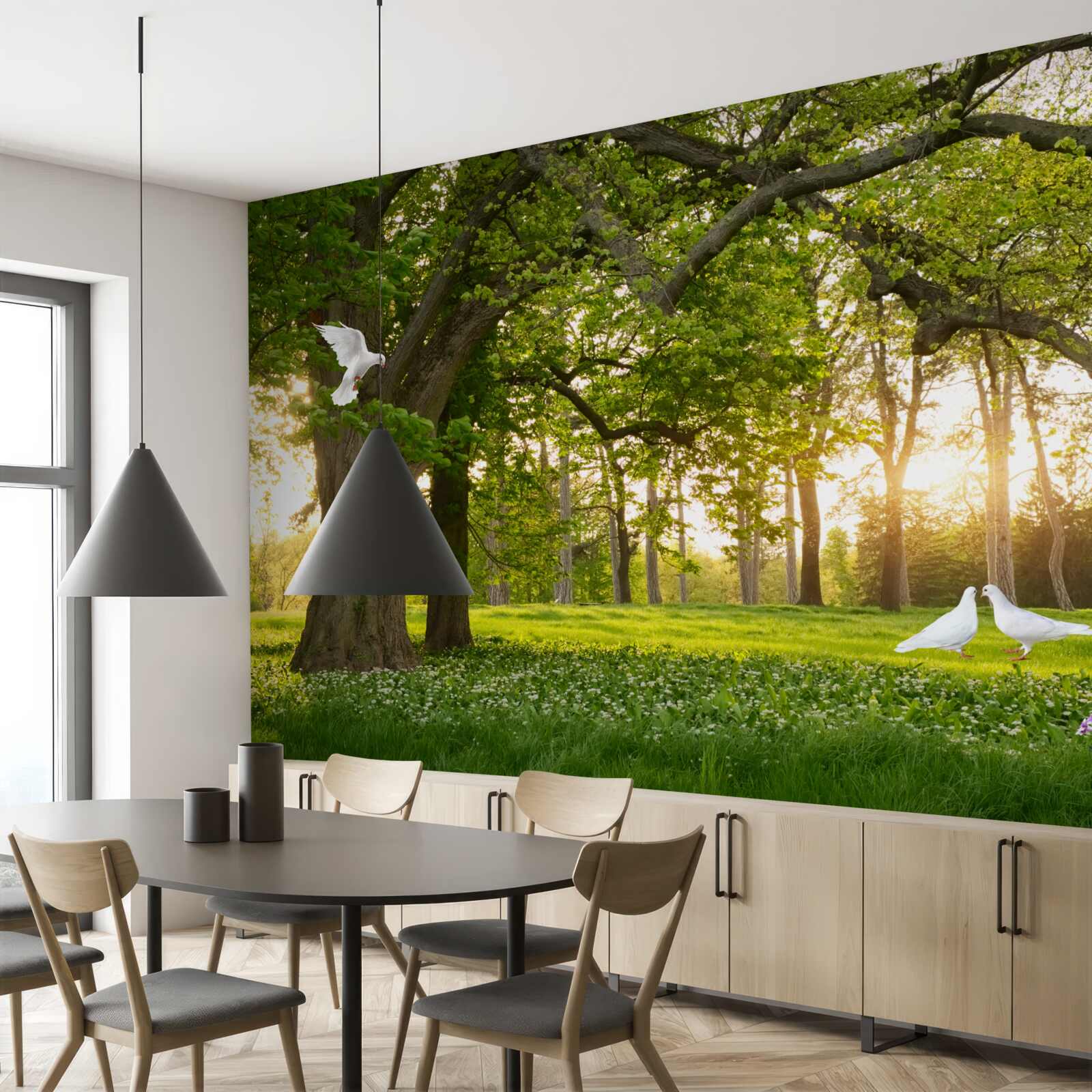 Fotobehang duiven glanzen hun wit bij zonsopgang in een groen bos