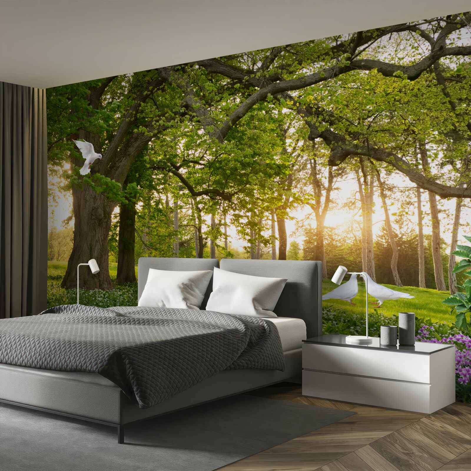 Fotobehang duiven glanzen hun wit bij zonsopgang in een groen bos