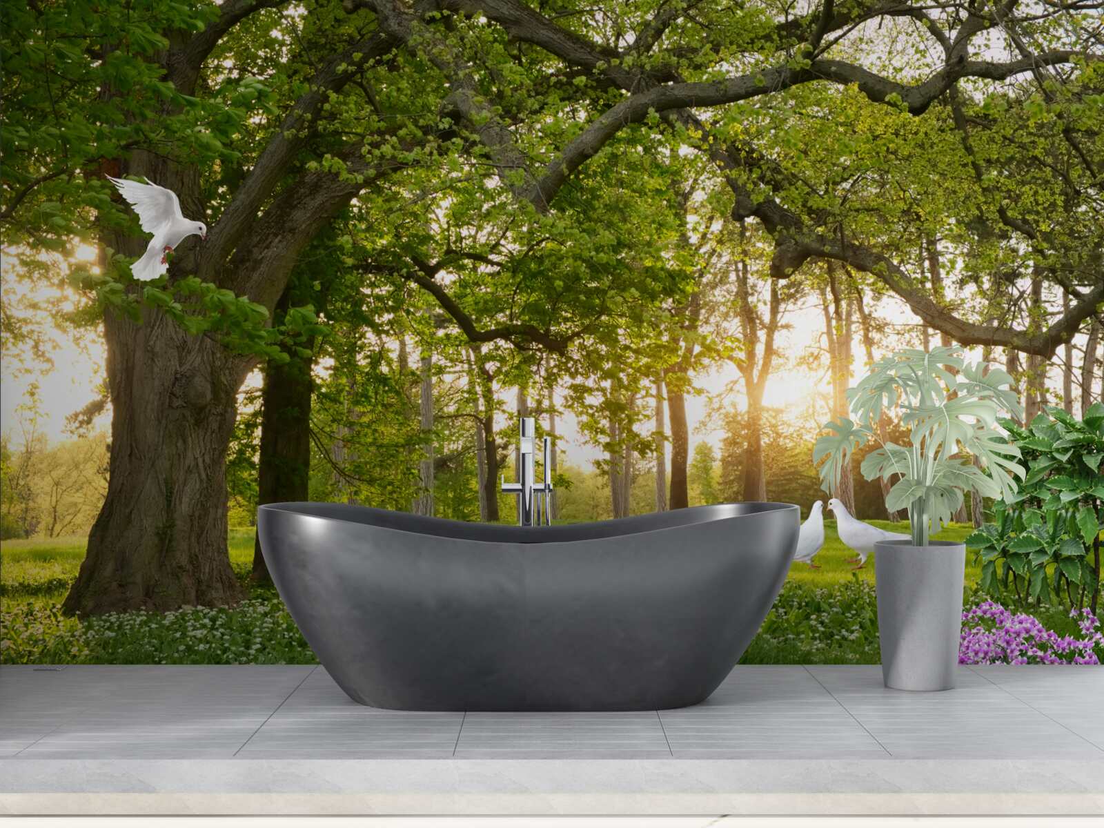 Fotobehang duiven glanzen hun wit bij zonsopgang in een groen bos