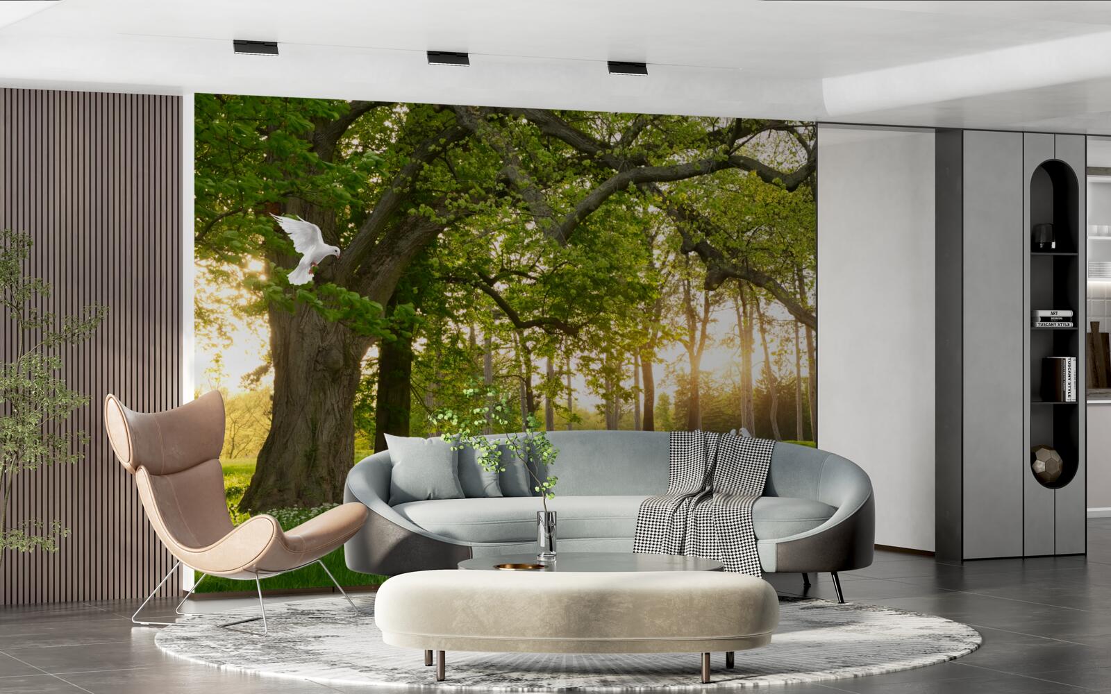 Fotobehang duiven glanzen hun wit bij zonsopgang in een groen bos