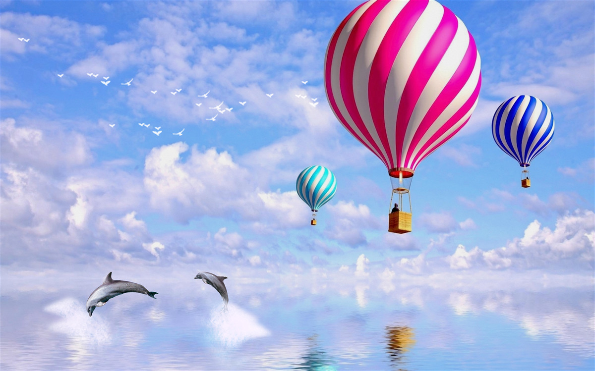 Fotobehang ballonvaarten over zee met dolfijnen