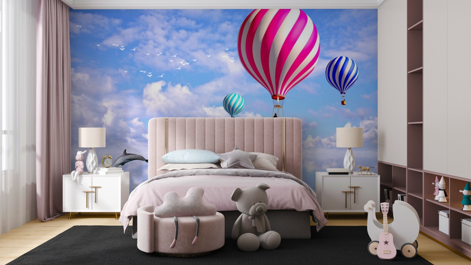 Fotobehang ballonvaarten over zee met dolfijnen