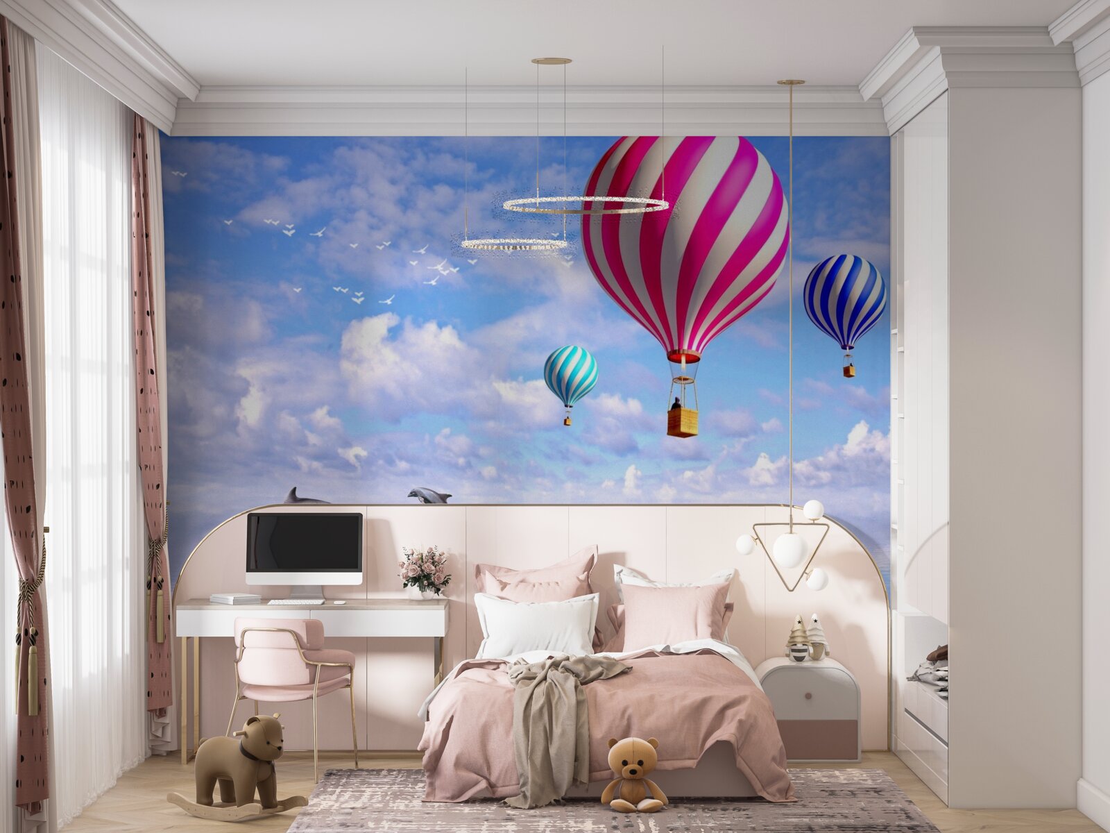 Fotobehang ballonvaarten over zee met dolfijnen