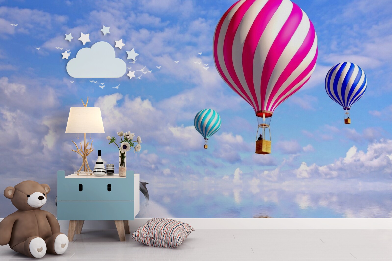 Fotobehang ballonvaarten over zee met dolfijnen