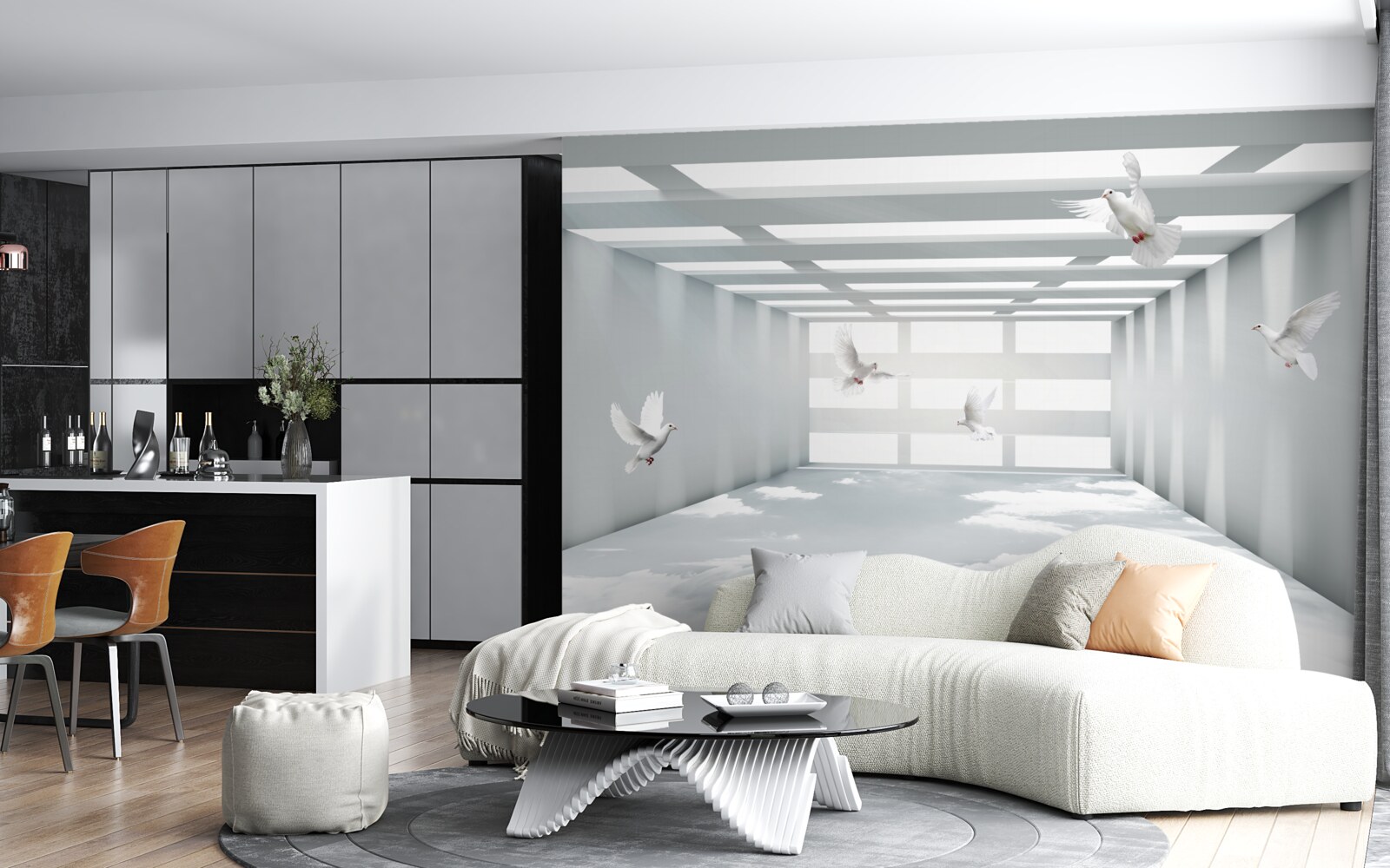 Fotobehang een heldere doorgang waar vlinders in de lucht zweven