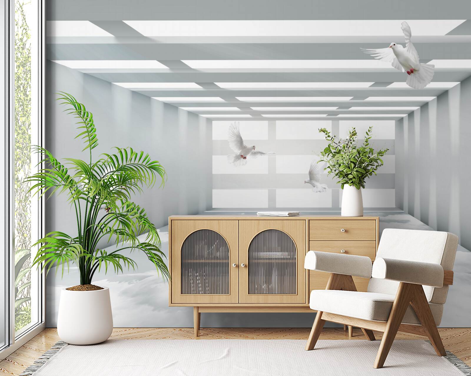 Fotobehang een heldere doorgang waar vlinders in de lucht zweven