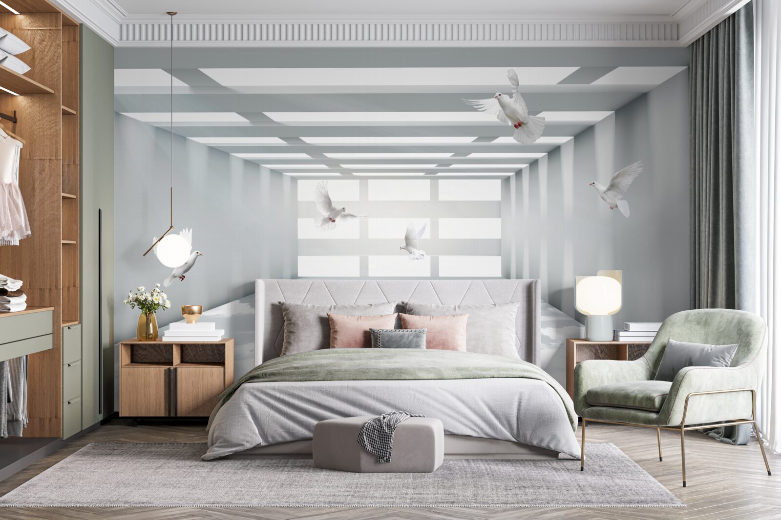 Fotobehang een heldere doorgang waar vlinders in de lucht zweven