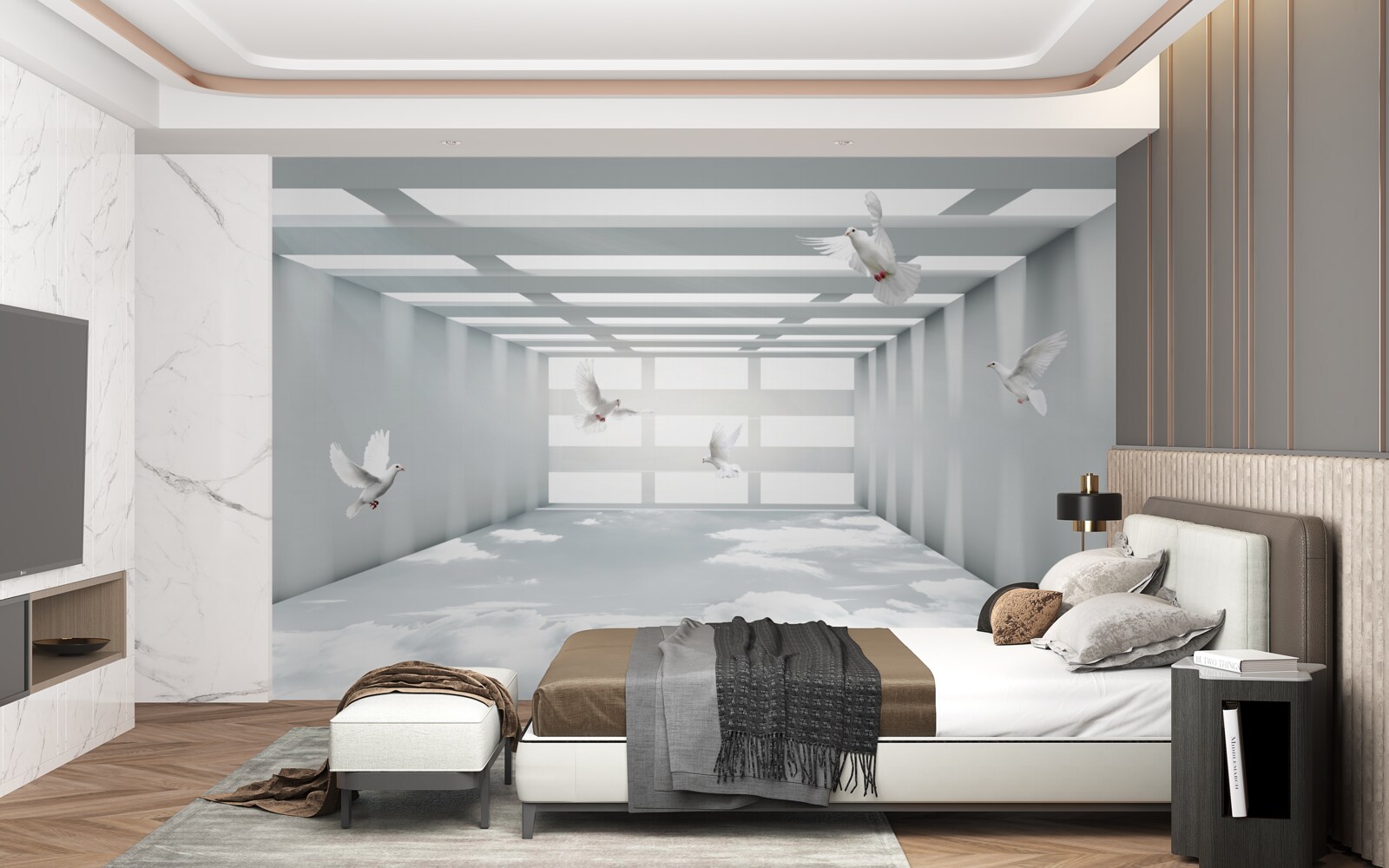 Fotobehang een heldere doorgang waar vlinders in de lucht zweven