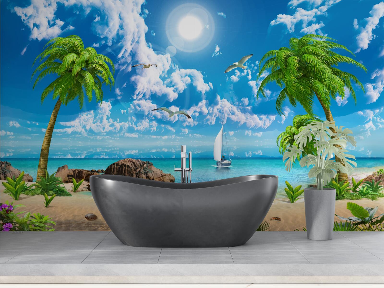 Fotobehang tropische pier met boot