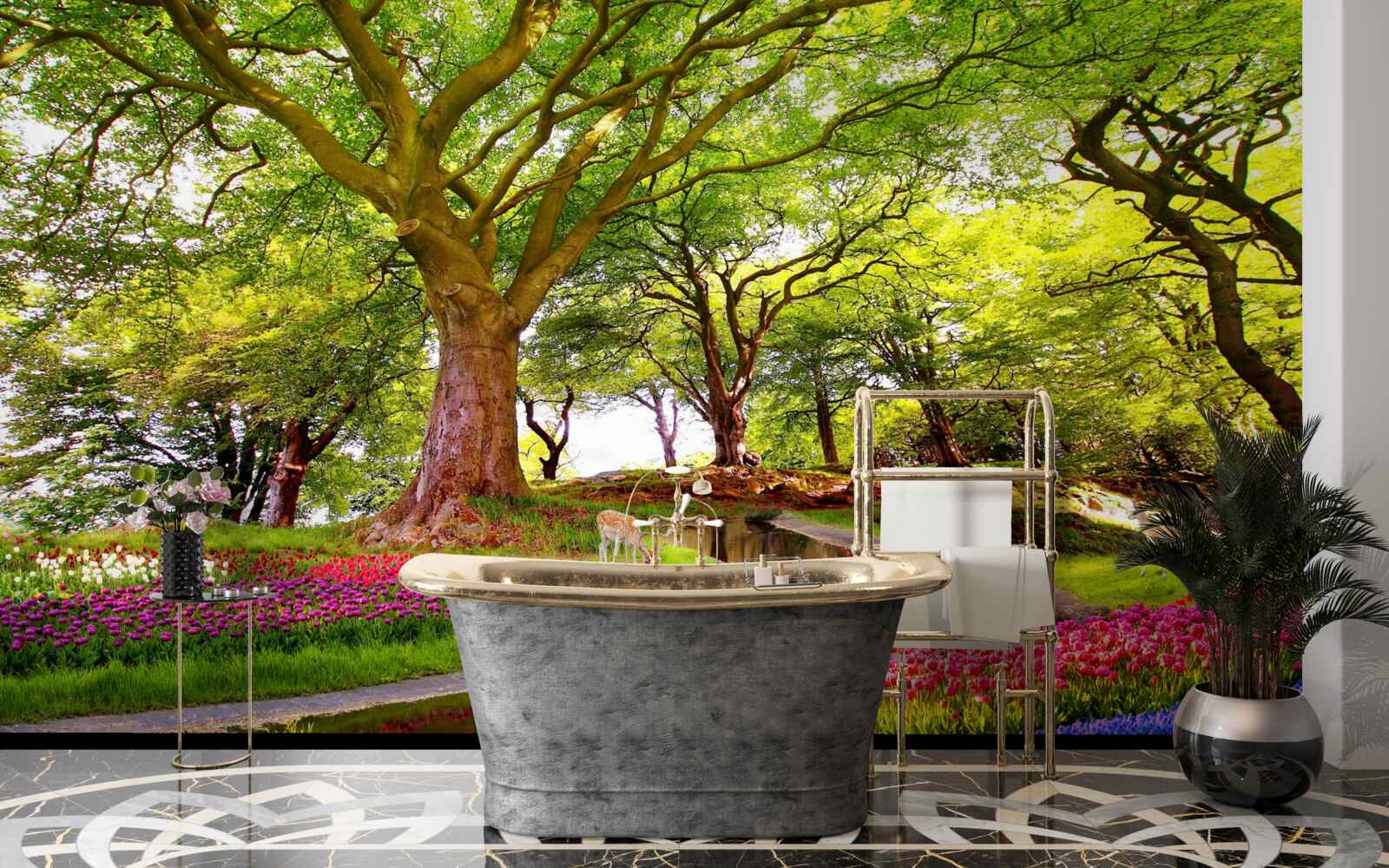 Fotobehang verscheidenheid aan zomertinten in de diepte van het bos