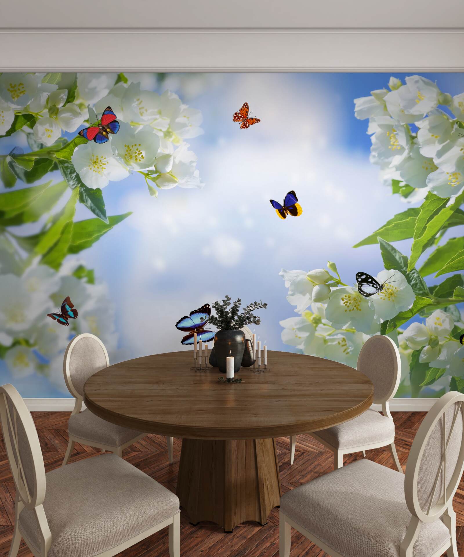 Fotobehang veelkleurige vlinders en sneeuwwitte bloemen