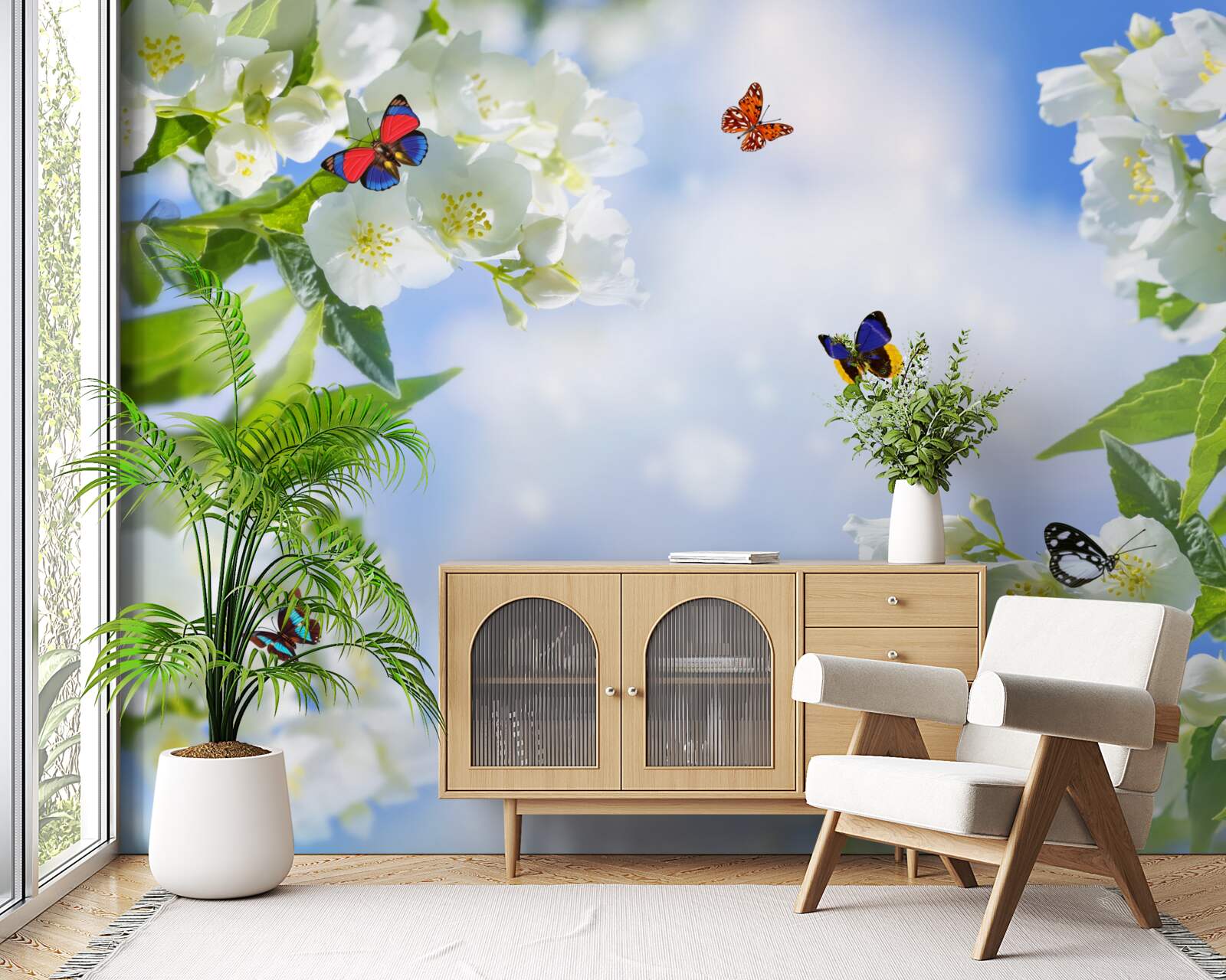 Fotobehang veelkleurige vlinders en sneeuwwitte bloemen