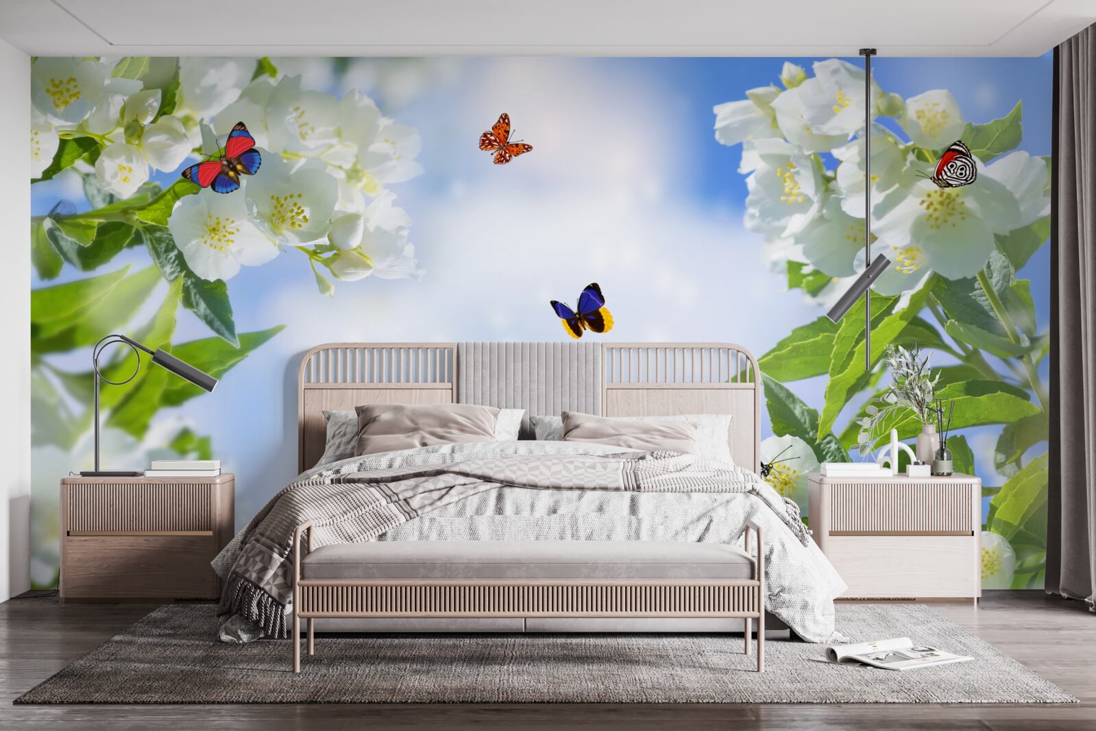 Fotobehang veelkleurige vlinders en sneeuwwitte bloemen