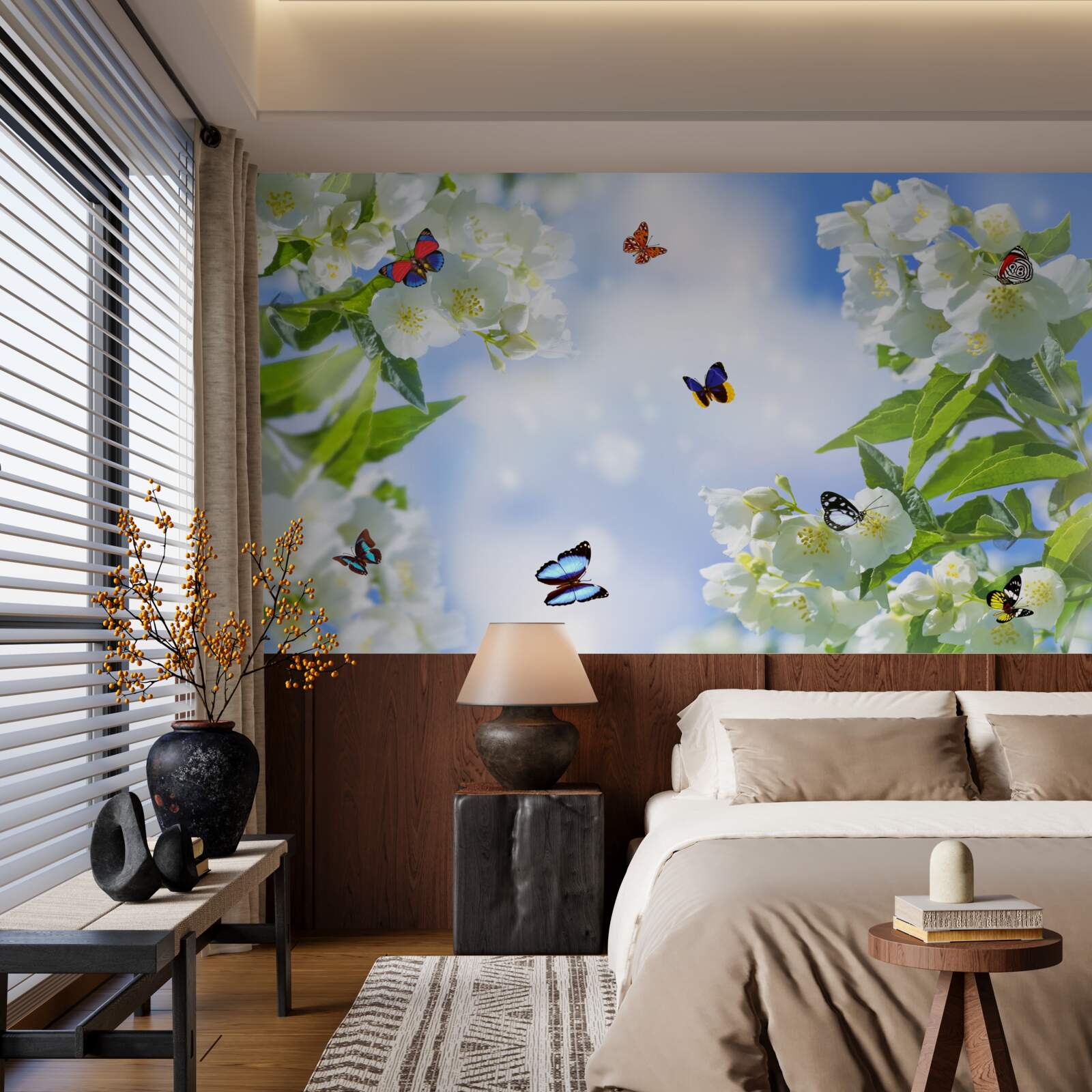 Fotobehang veelkleurige vlinders en sneeuwwitte bloemen