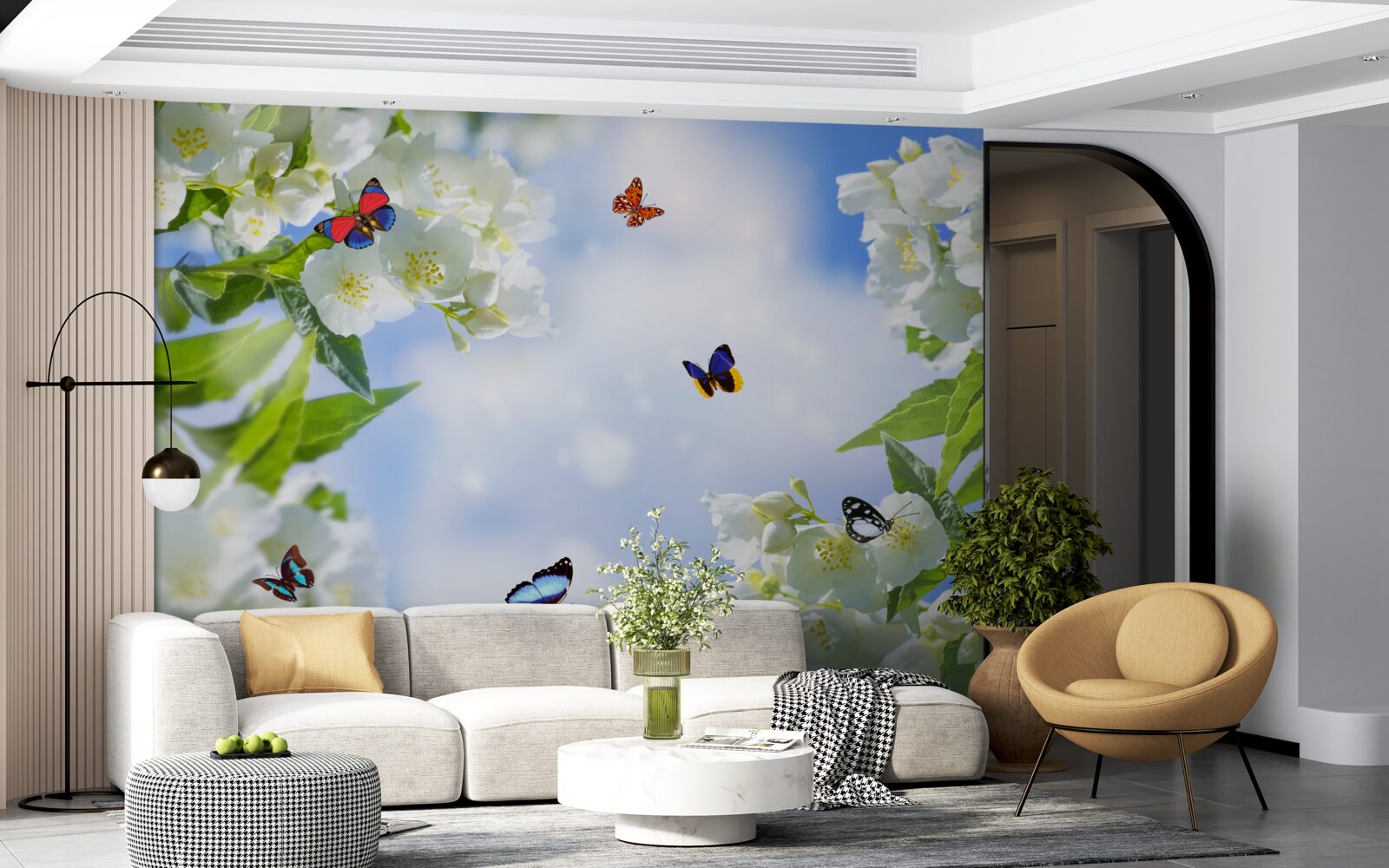 Fotobehang veelkleurige vlinders en sneeuwwitte bloemen