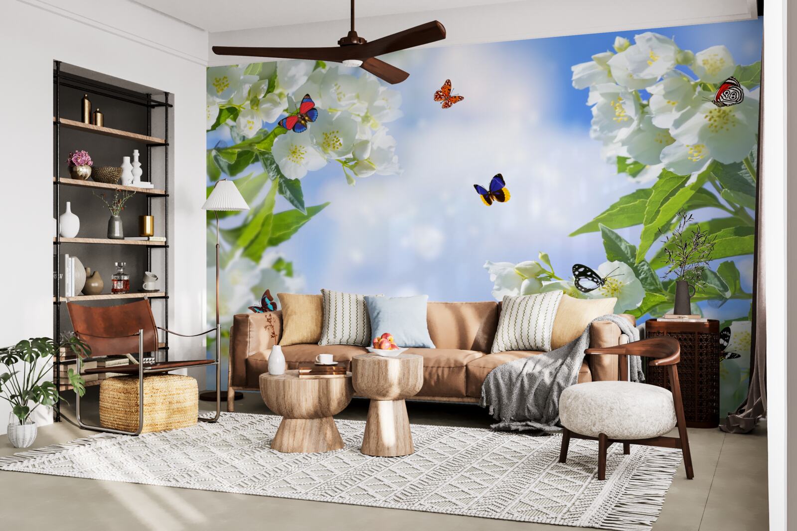 Fotobehang veelkleurige vlinders en sneeuwwitte bloemen