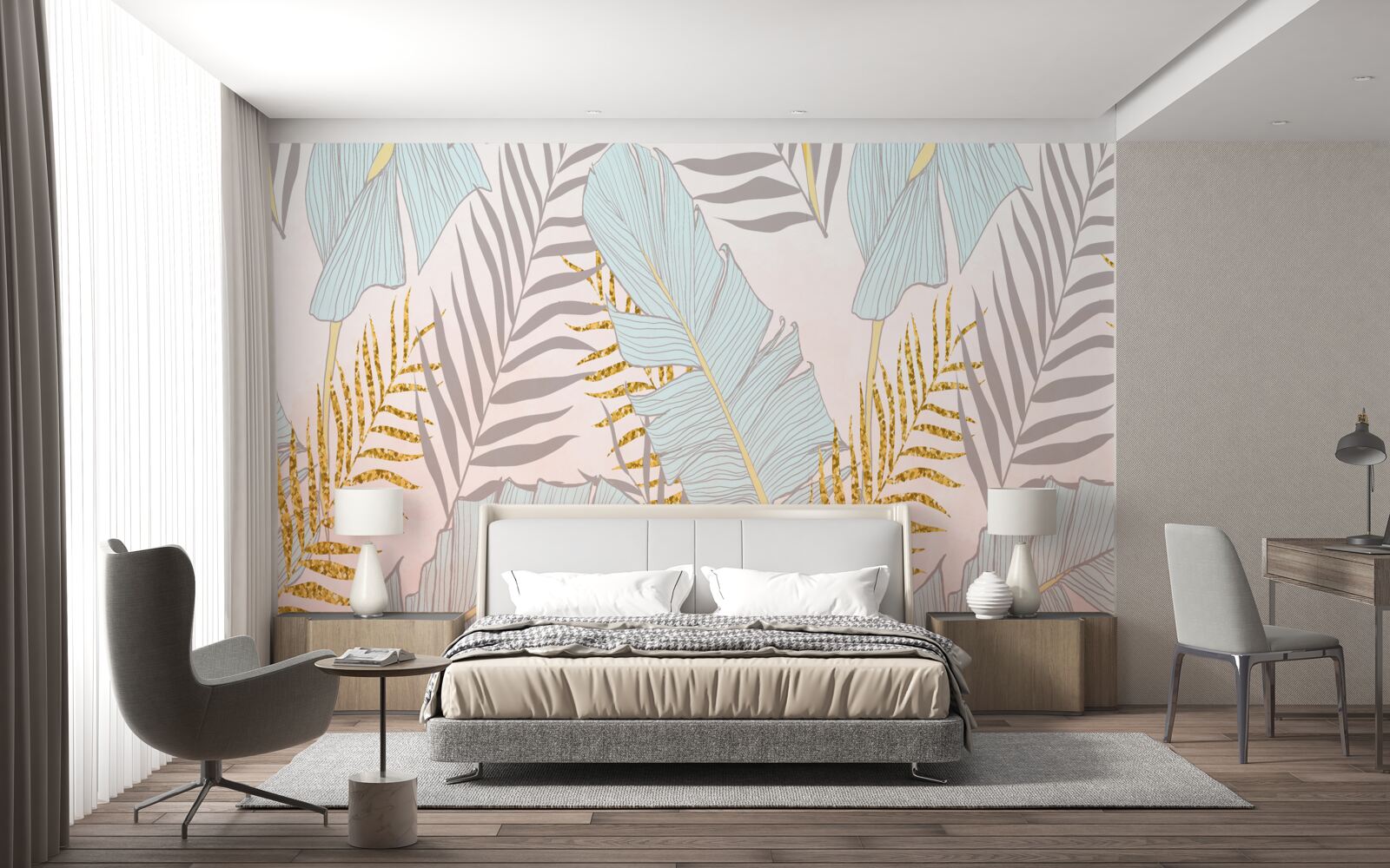 Fotobehang bananenbladeren en goudvaren