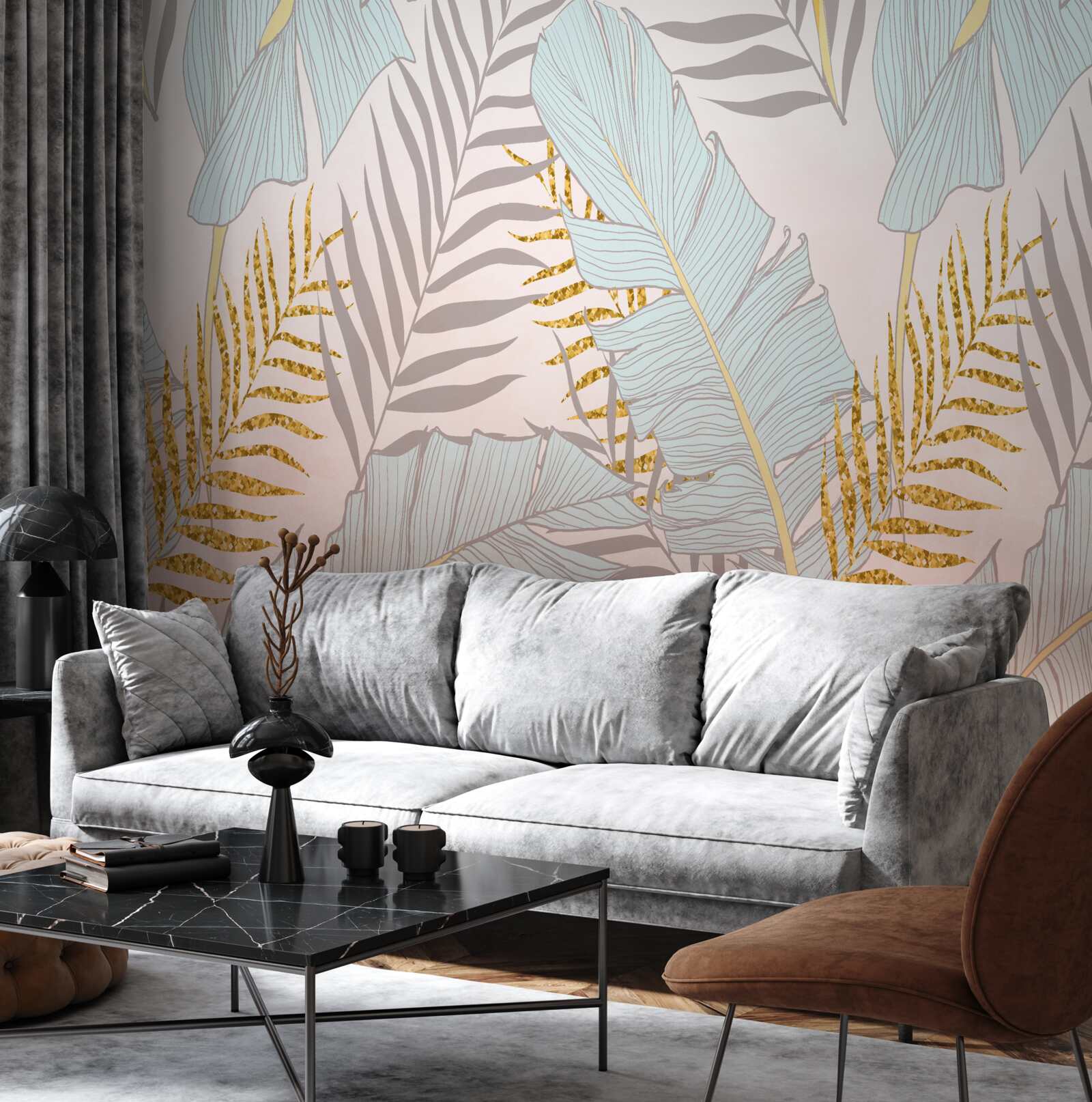 Fotobehang bananenbladeren en goudvaren