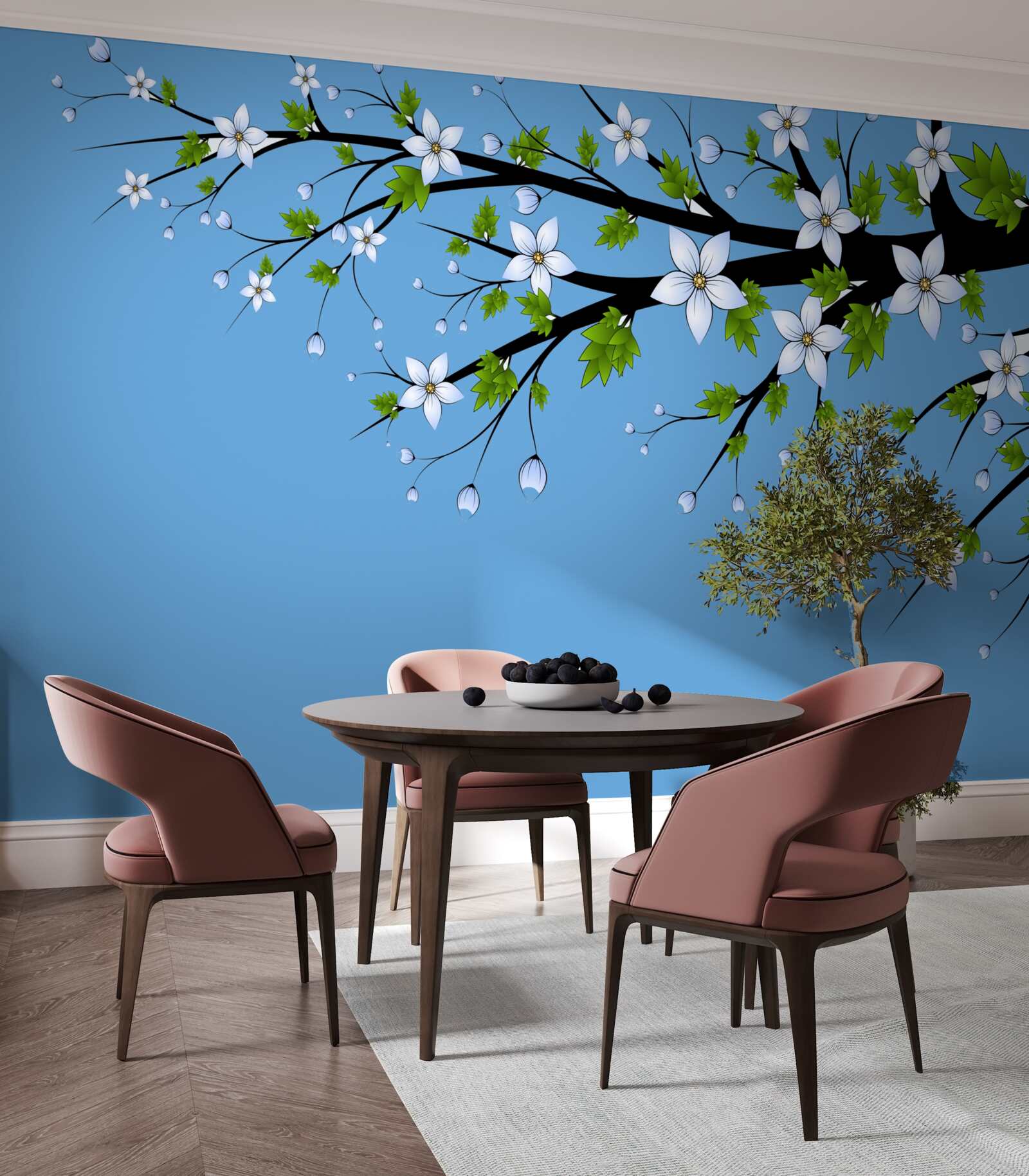 Fotobehang een tak waaraan witte knoppen opengaan