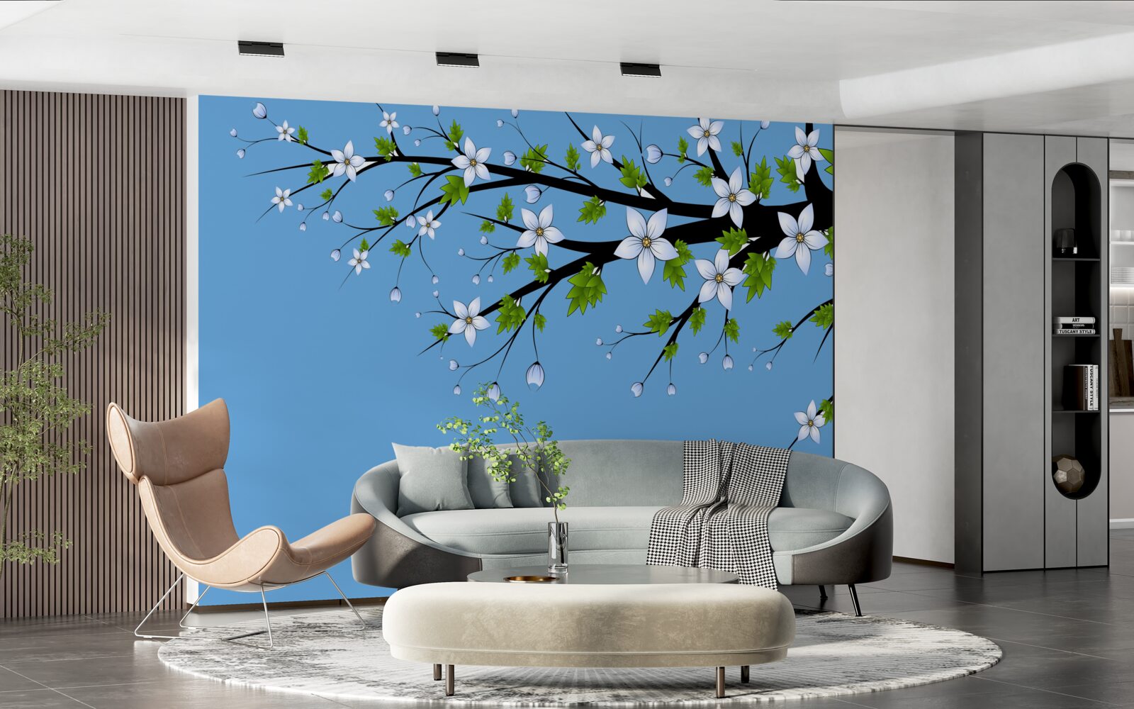 Fotobehang een tak waaraan witte knoppen opengaan