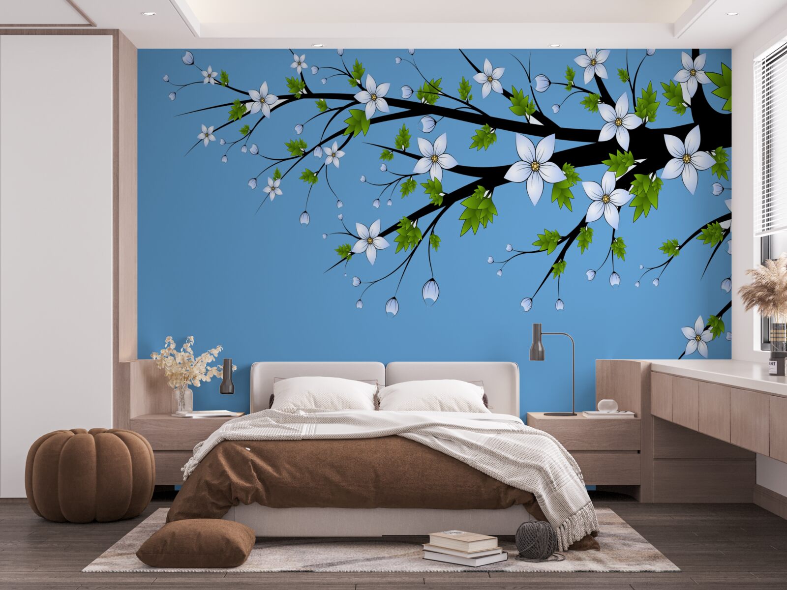 Fotobehang een tak waaraan witte knoppen opengaan