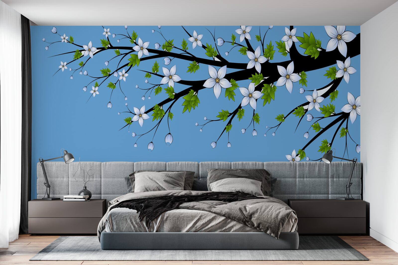 Fotobehang een tak waaraan witte knoppen opengaan