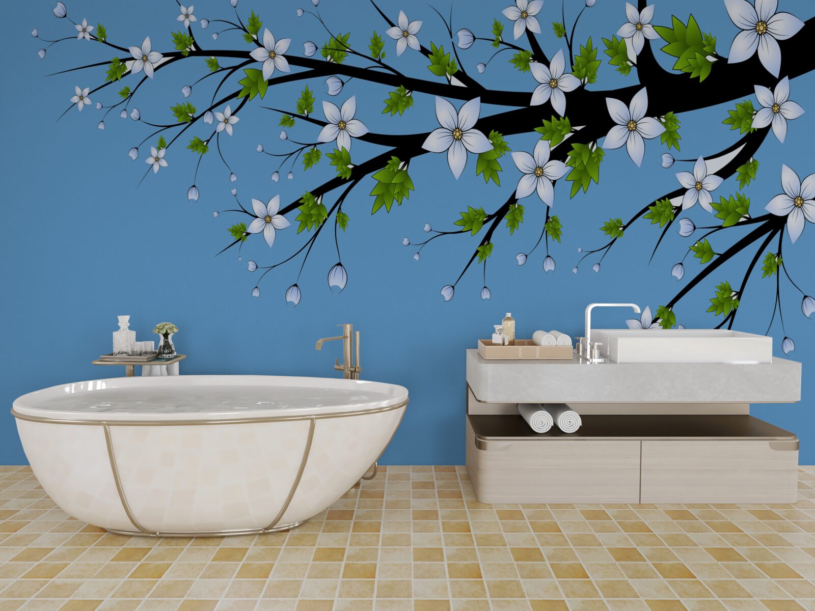 Fotobehang een tak waaraan witte knoppen opengaan