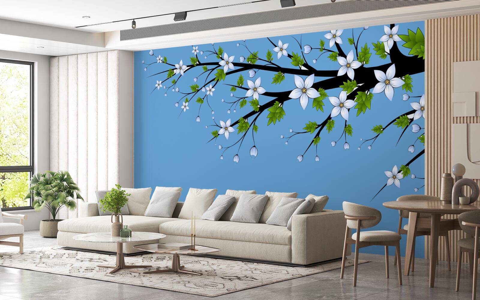 Fotobehang een tak waaraan witte knoppen opengaan