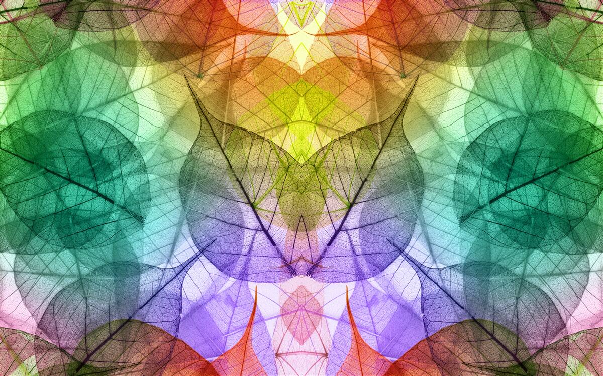 Fotobehang bladeren glinsterend in alle tinten van de regenboog