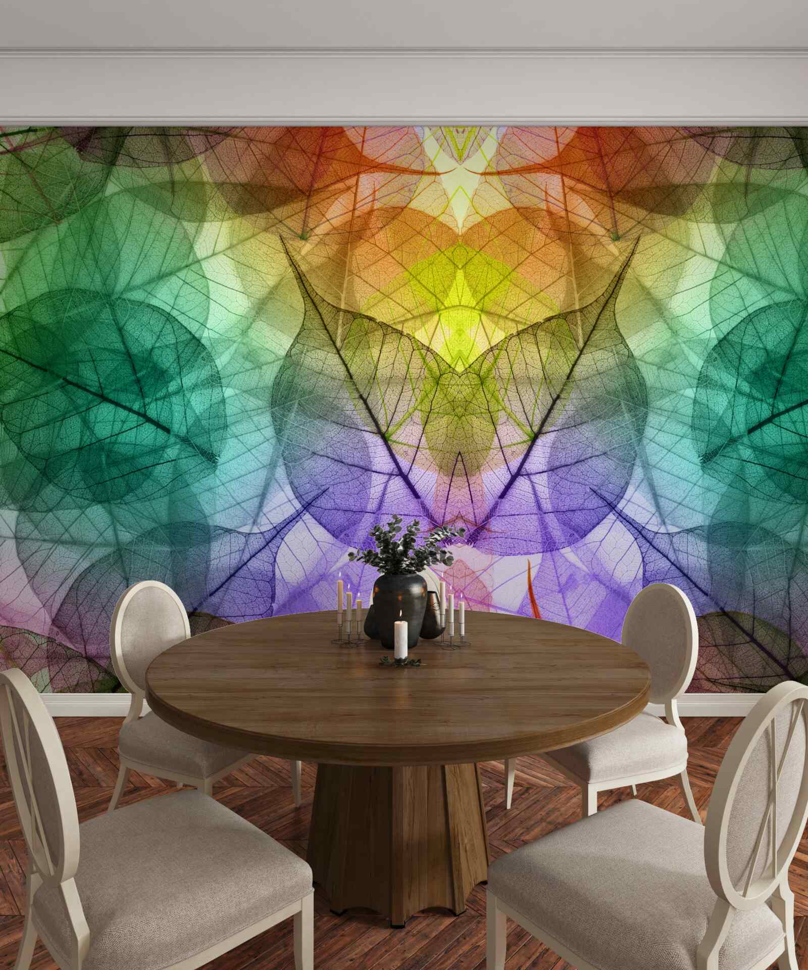 Fotobehang bladeren glinsterend in alle tinten van de regenboog