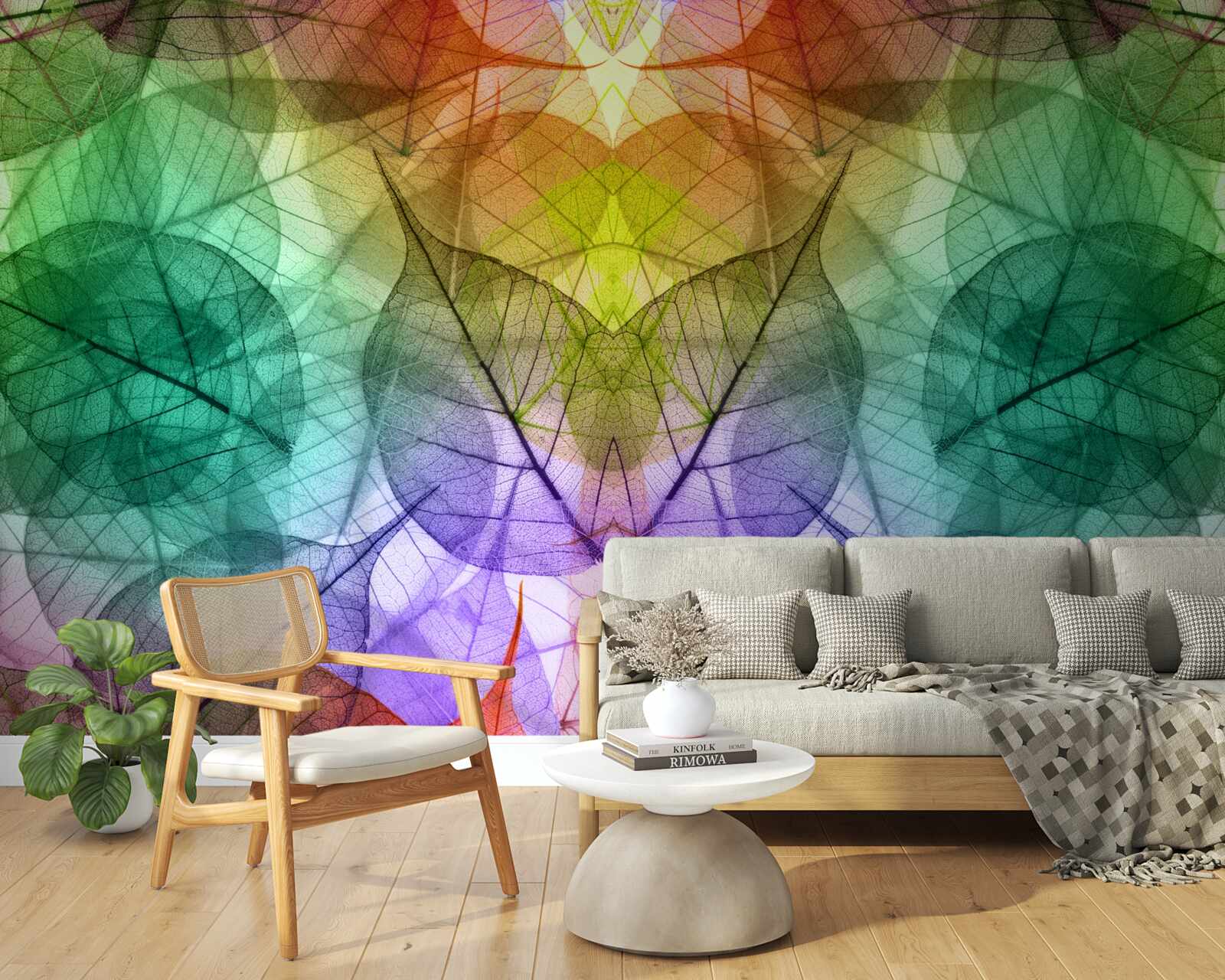 Fotobehang bladeren glinsterend in alle tinten van de regenboog