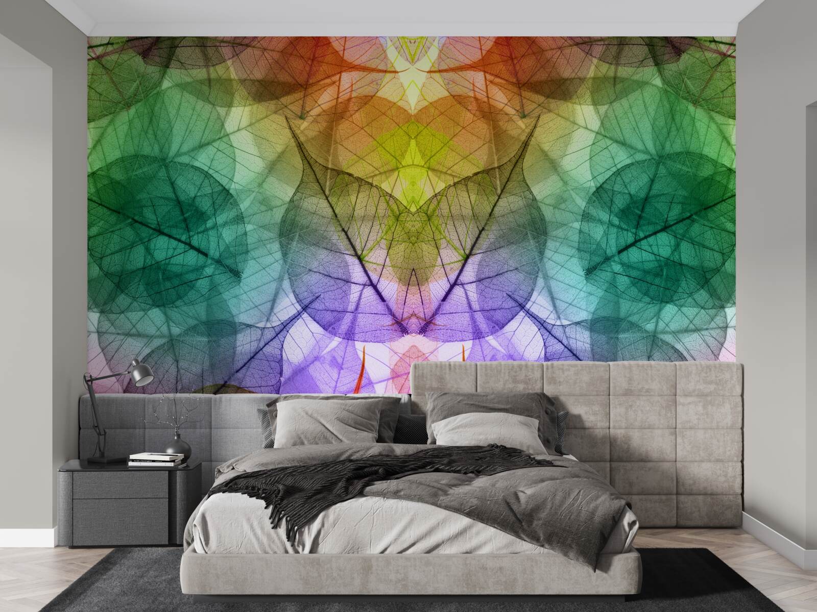 Fotobehang bladeren glinsterend in alle tinten van de regenboog