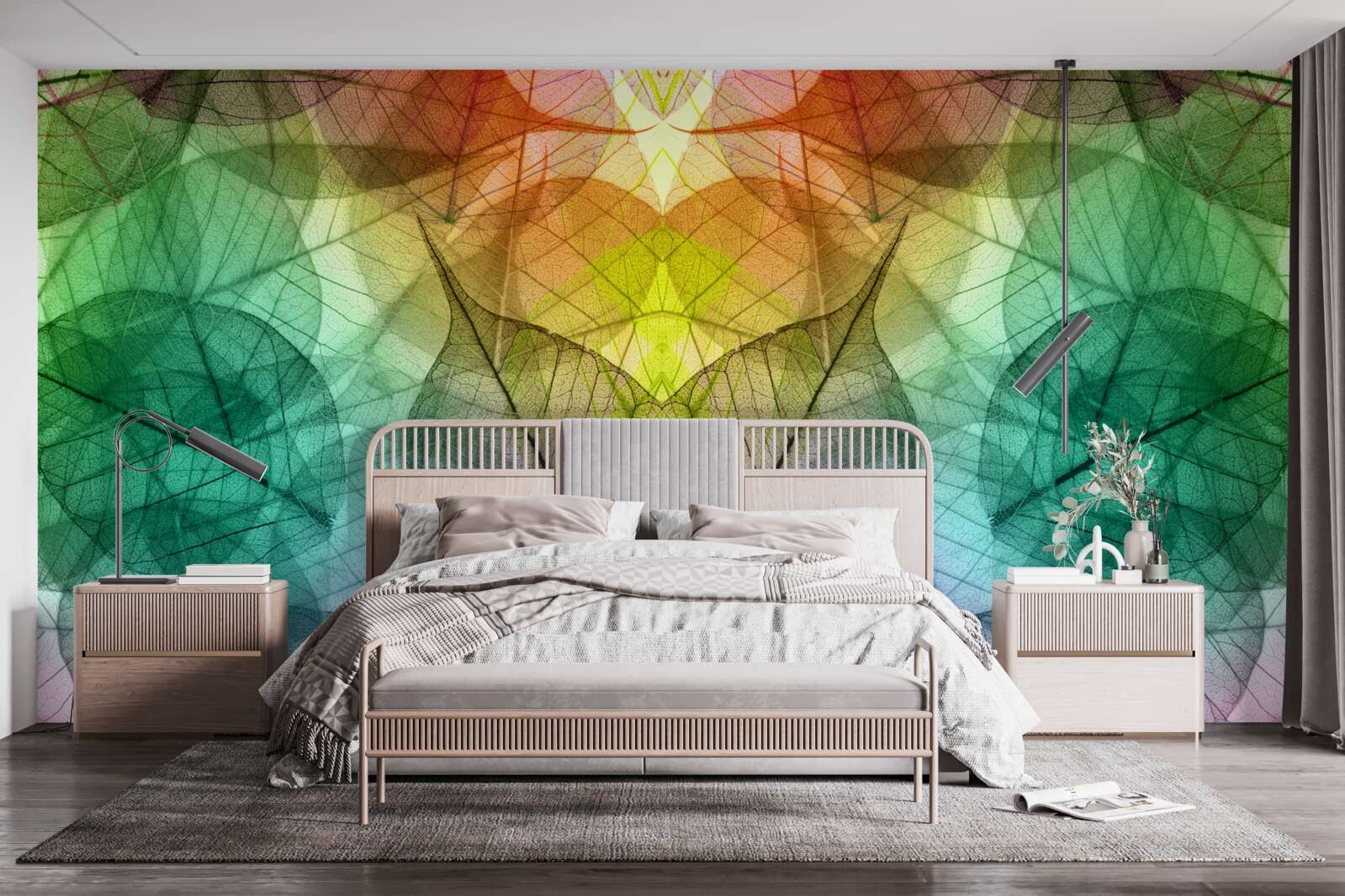 Fotobehang bladeren glinsterend in alle tinten van de regenboog