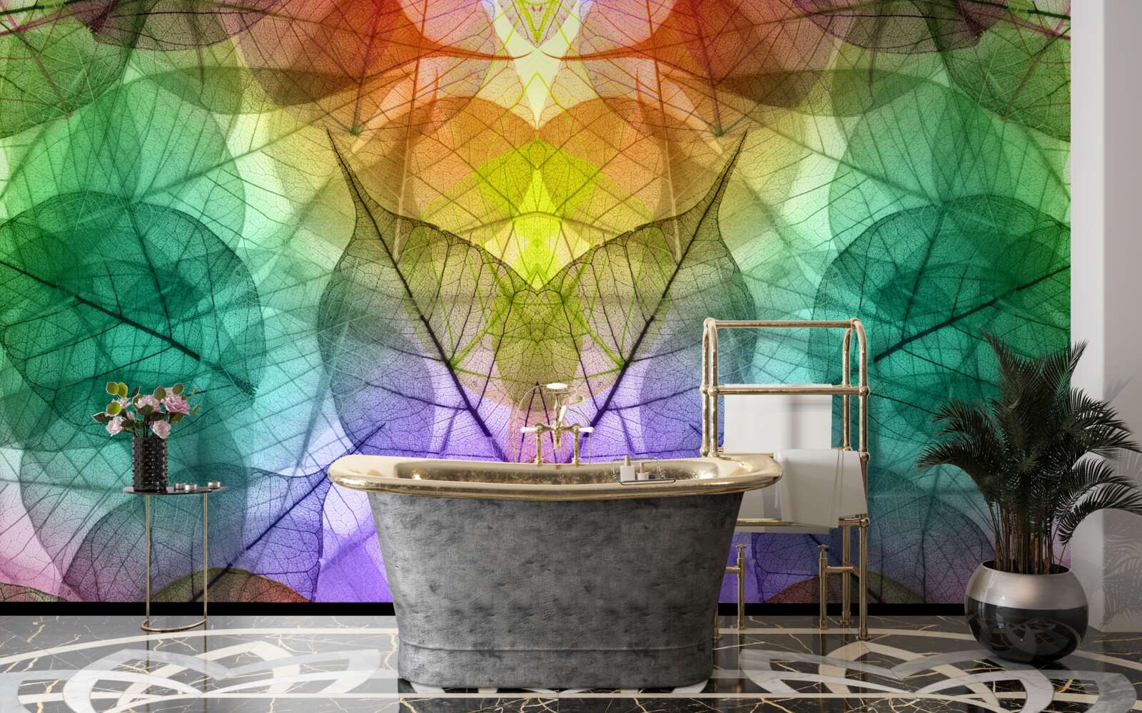 Fotobehang bladeren glinsterend in alle tinten van de regenboog