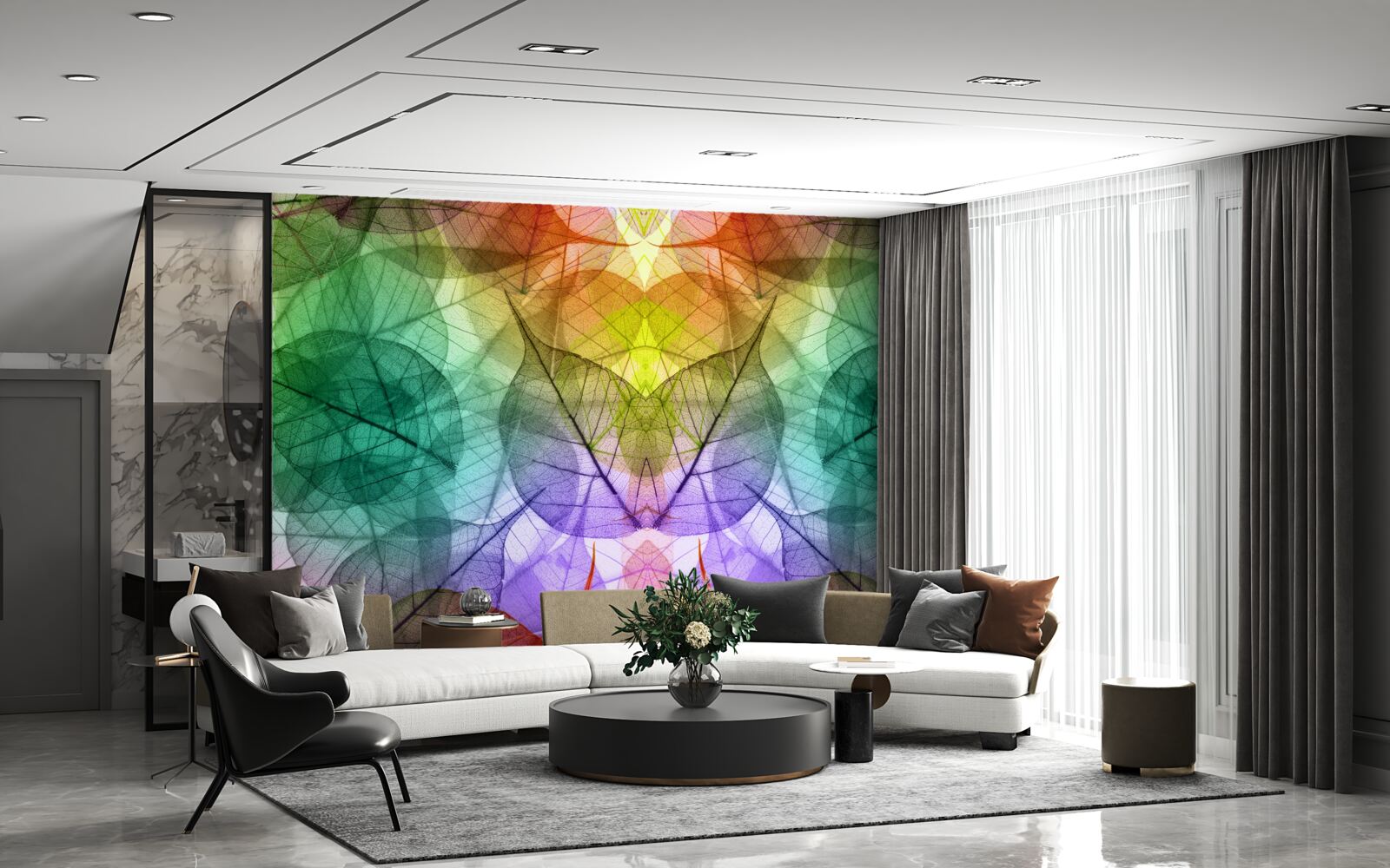 Fotobehang bladeren glinsterend in alle tinten van de regenboog