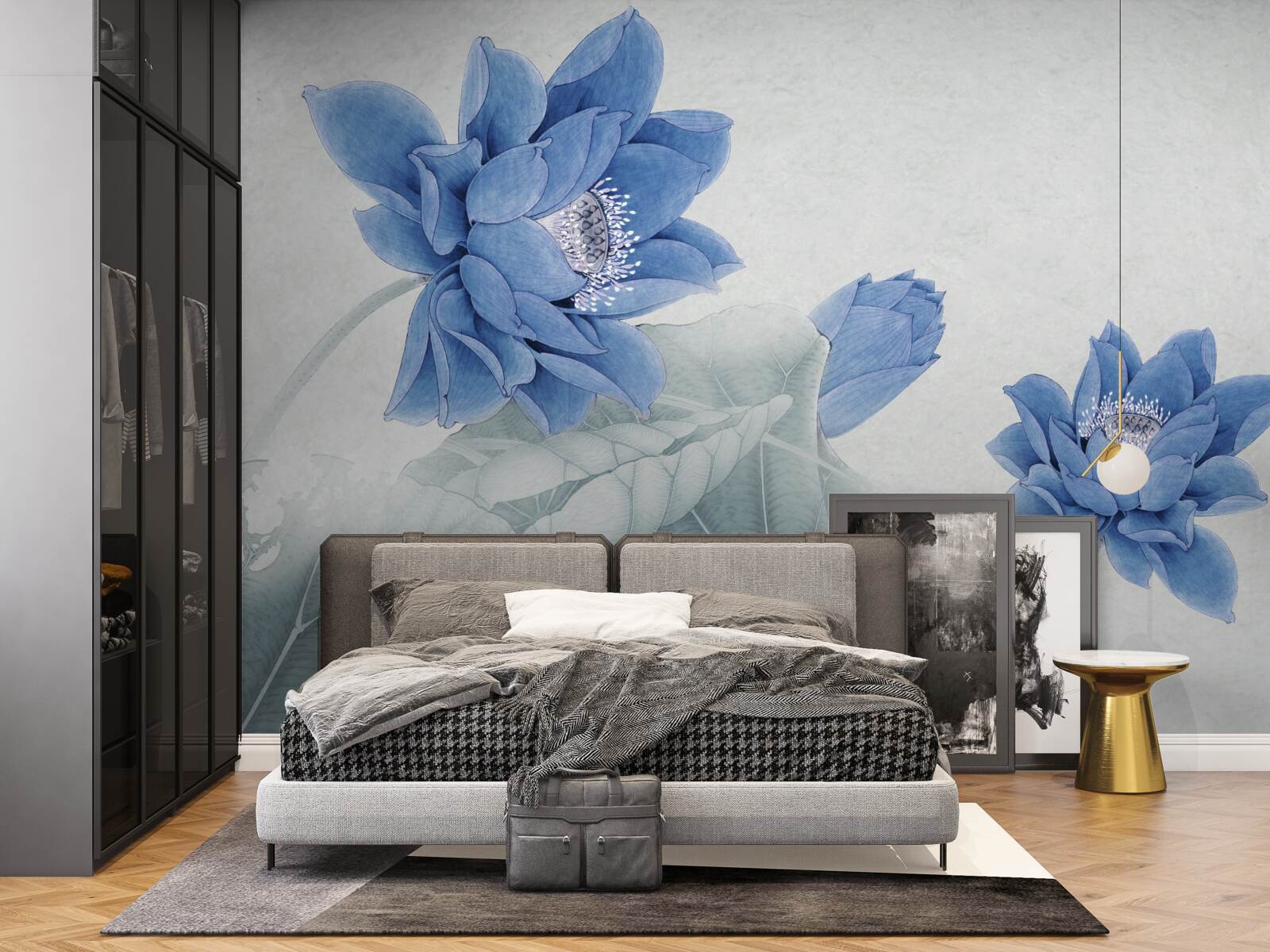 Fotobehang blauwe lotussen bloeien op een grijze achtergrond