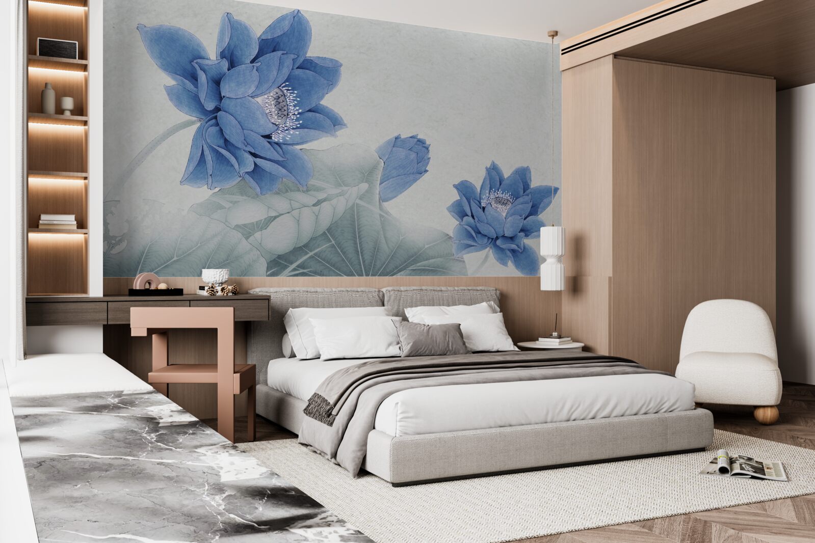 Fotobehang blauwe lotussen bloeien op een grijze achtergrond