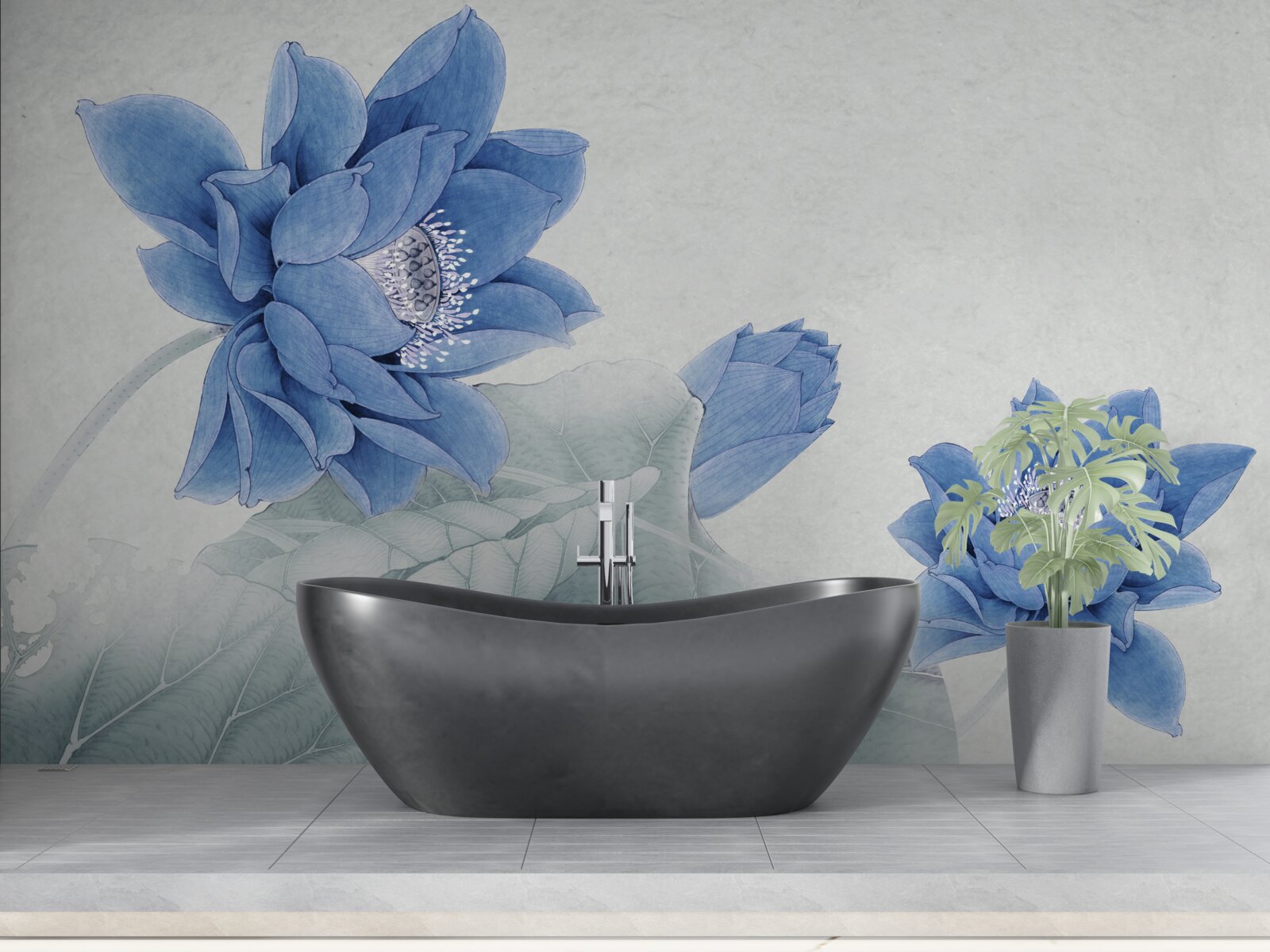 Fotobehang blauwe lotussen bloeien op een grijze achtergrond