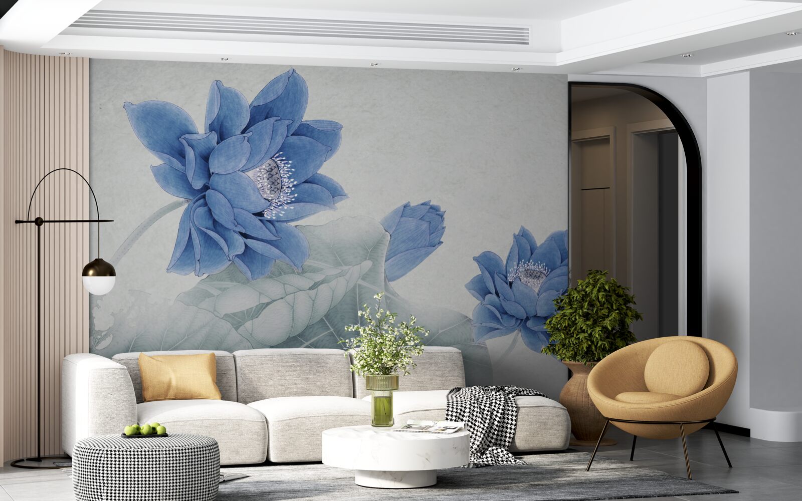 Fotobehang blauwe lotussen bloeien op een grijze achtergrond