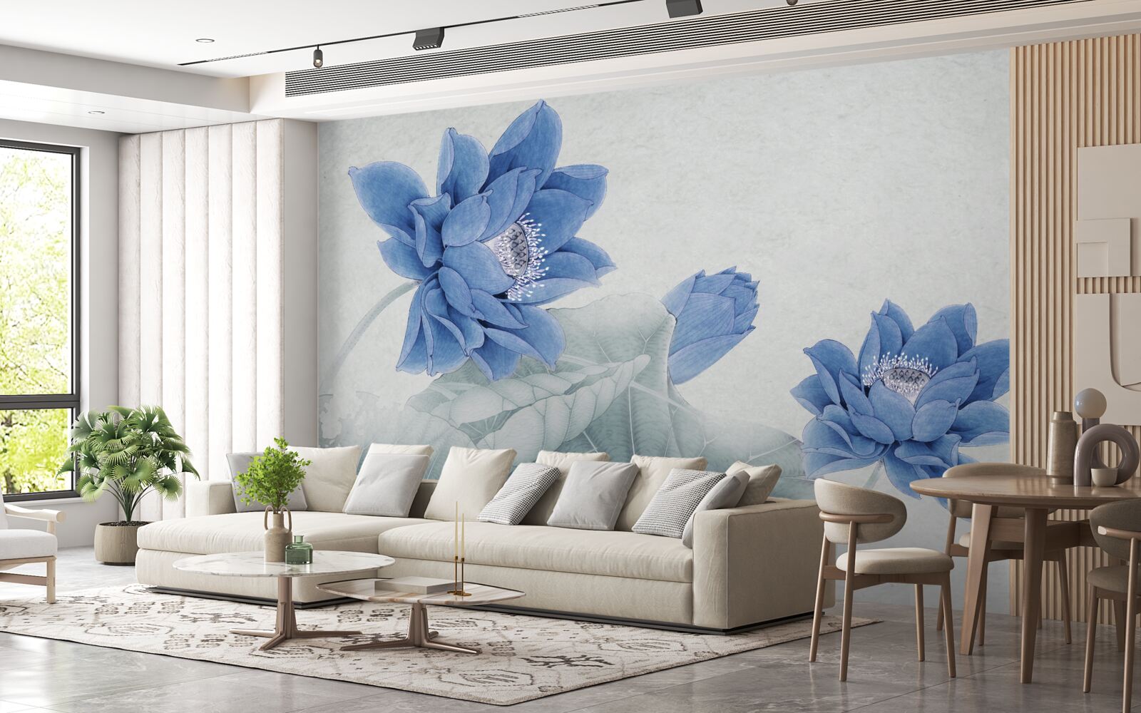 Fotobehang blauwe lotussen bloeien op een grijze achtergrond