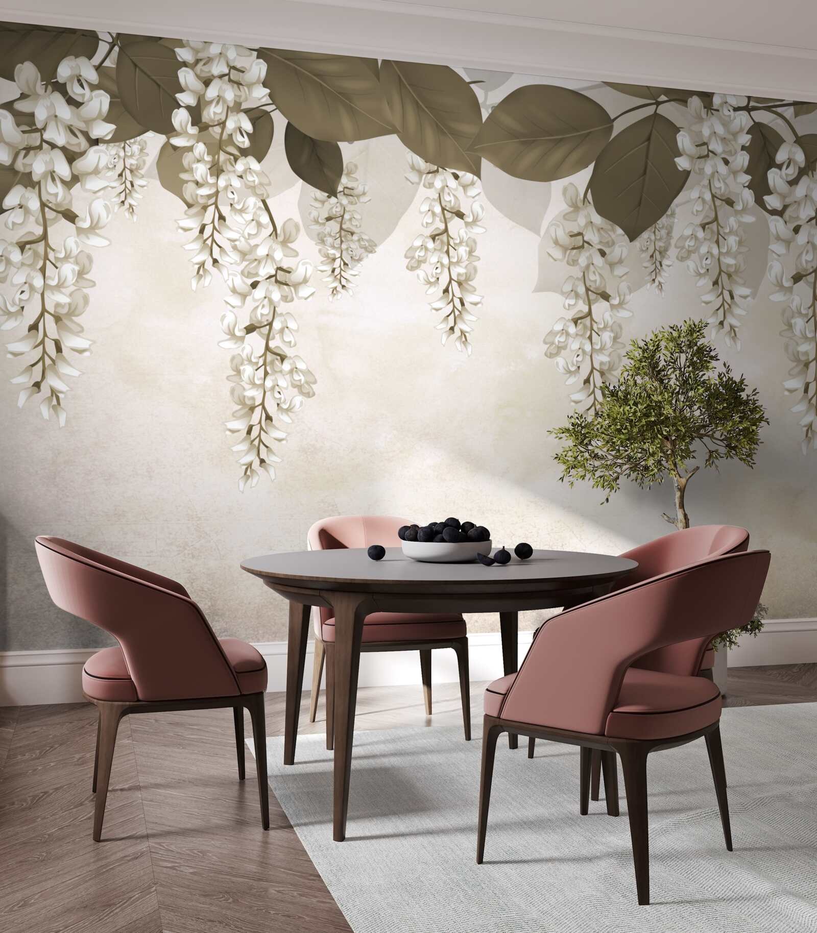 Fotobehang acacia met witte bloemen