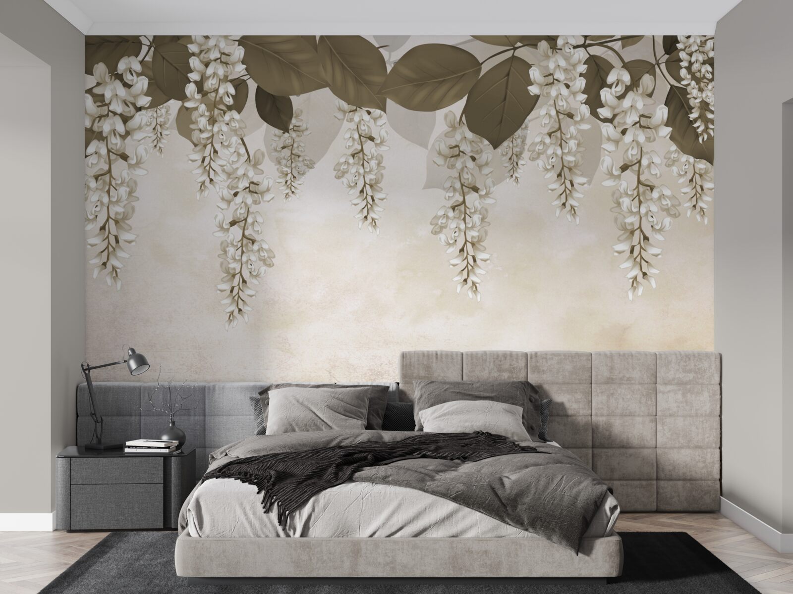 Fotobehang acacia met witte bloemen