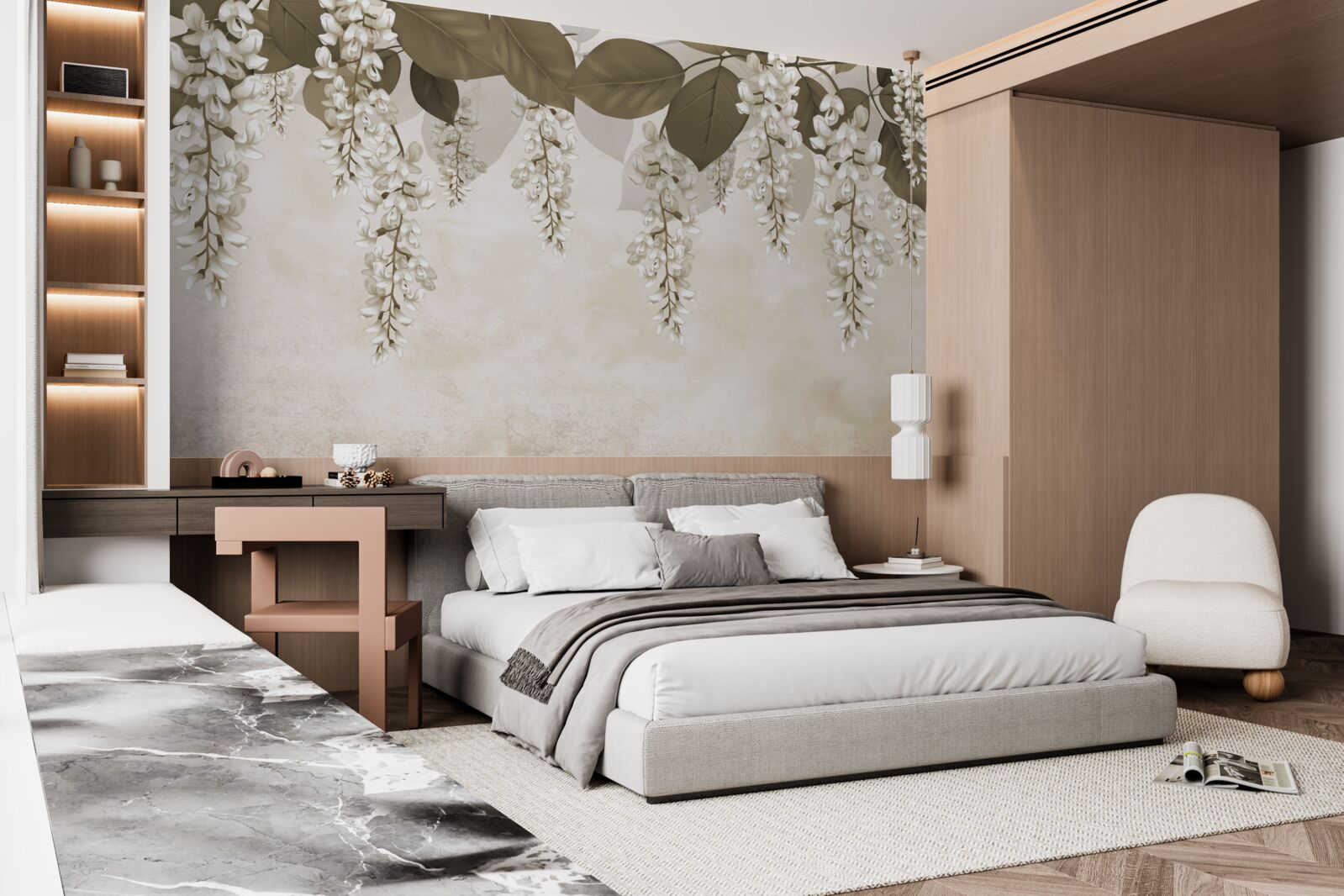 Fotobehang acacia met witte bloemen