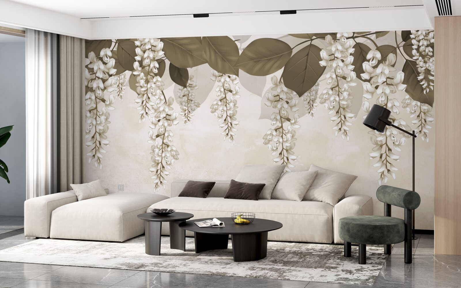 Fotobehang acacia met witte bloemen